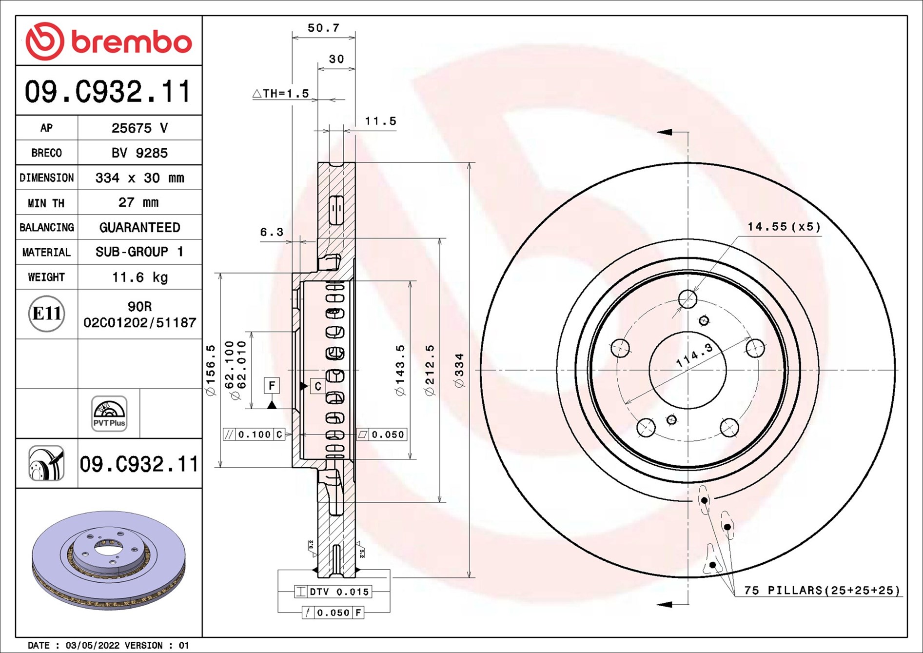 BREMBO Bremseskive 09c93211 334mm 30mm for LEXUS