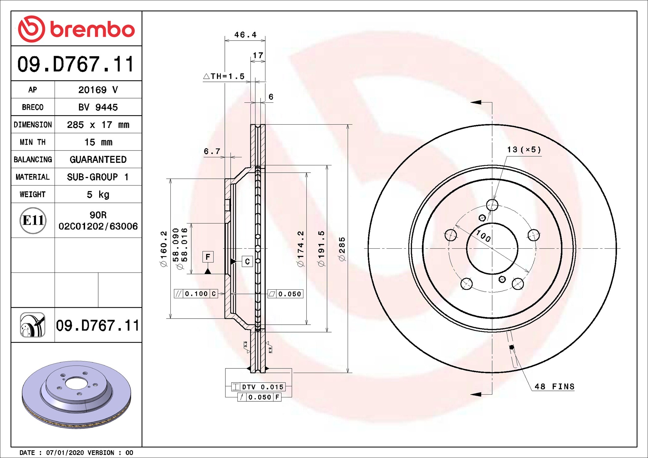 BREMBO Bremseskive 09d76711 285mm 17mm for SUBARU