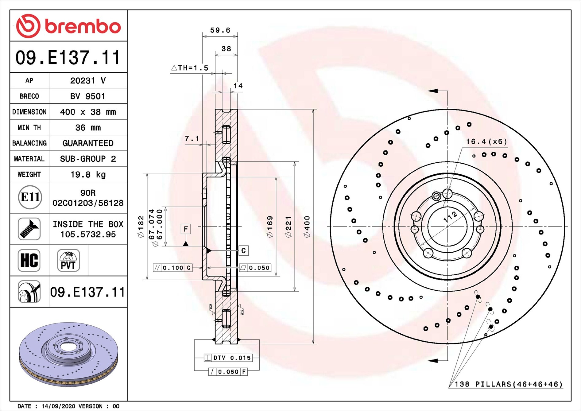 BREMBO Bremseskive 09e13711 400mm 38mm for MERCEDES-BENZ