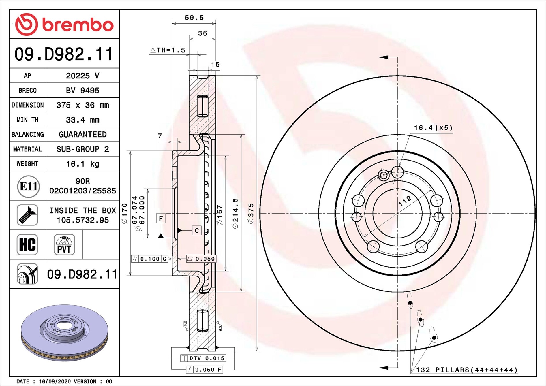 BREMBO Bremseskive 09.D982.11 375mm 36mm for MERCEDES-BENZ