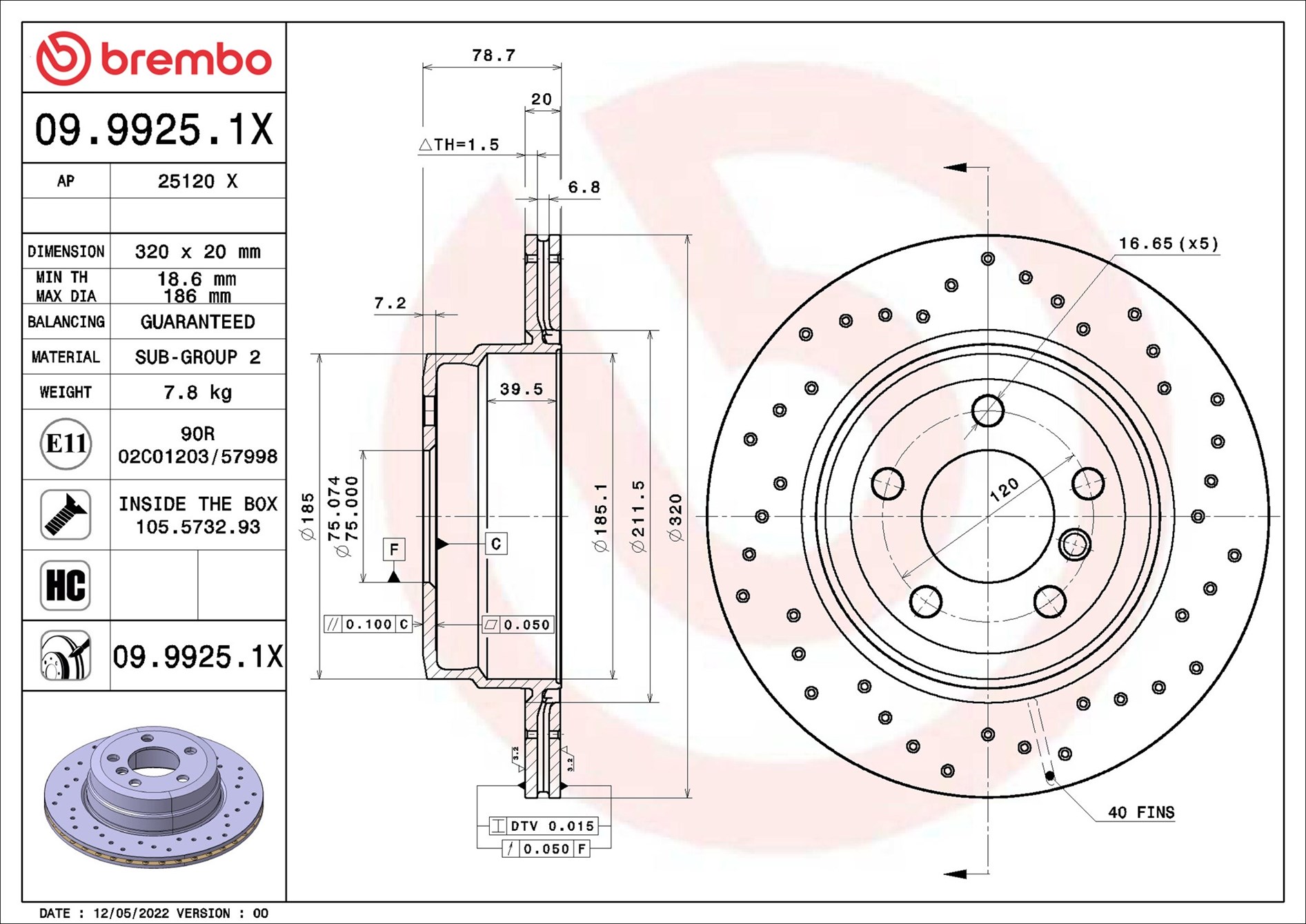 BREMBO Bremseskive 0999251x 320mm 20mm for BMW