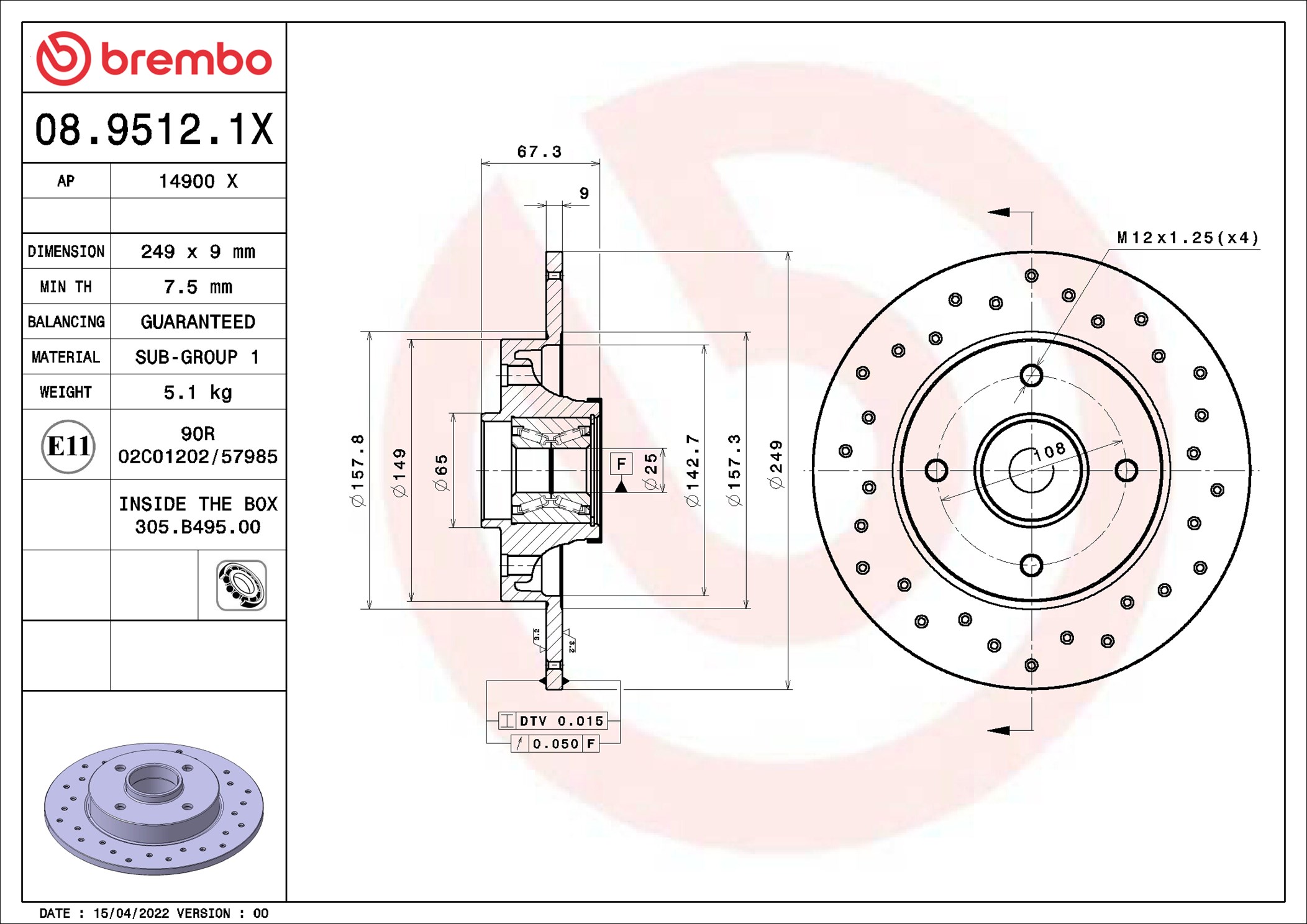 BREMBO Bremseskive 08.9512.1X perforeret 249mm 9mm for PEUGEOT (DF-PSA) PEUGEOT