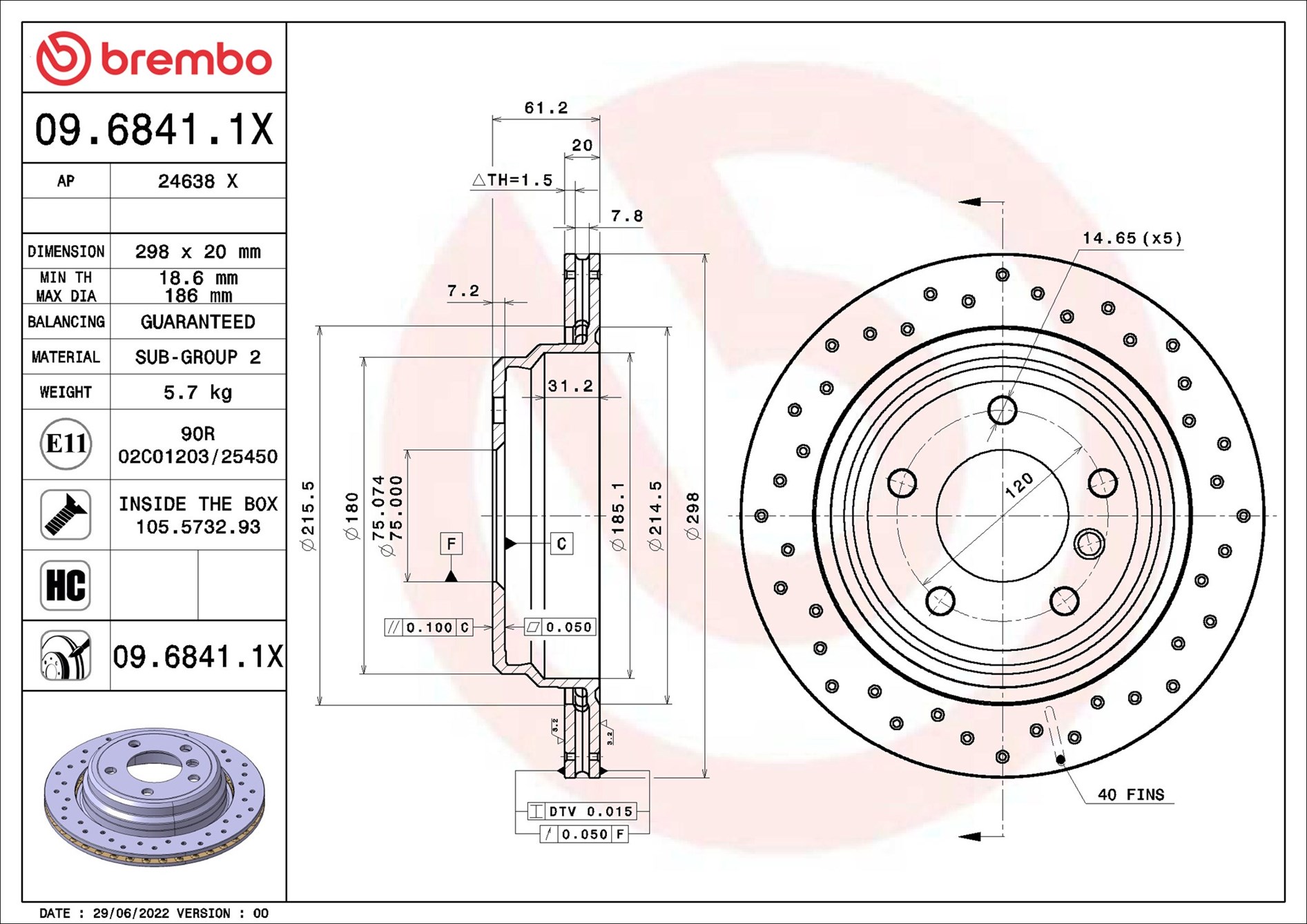 BREMBO Bremseskive 0968411x 298mm 20mm for ALPINA BMW