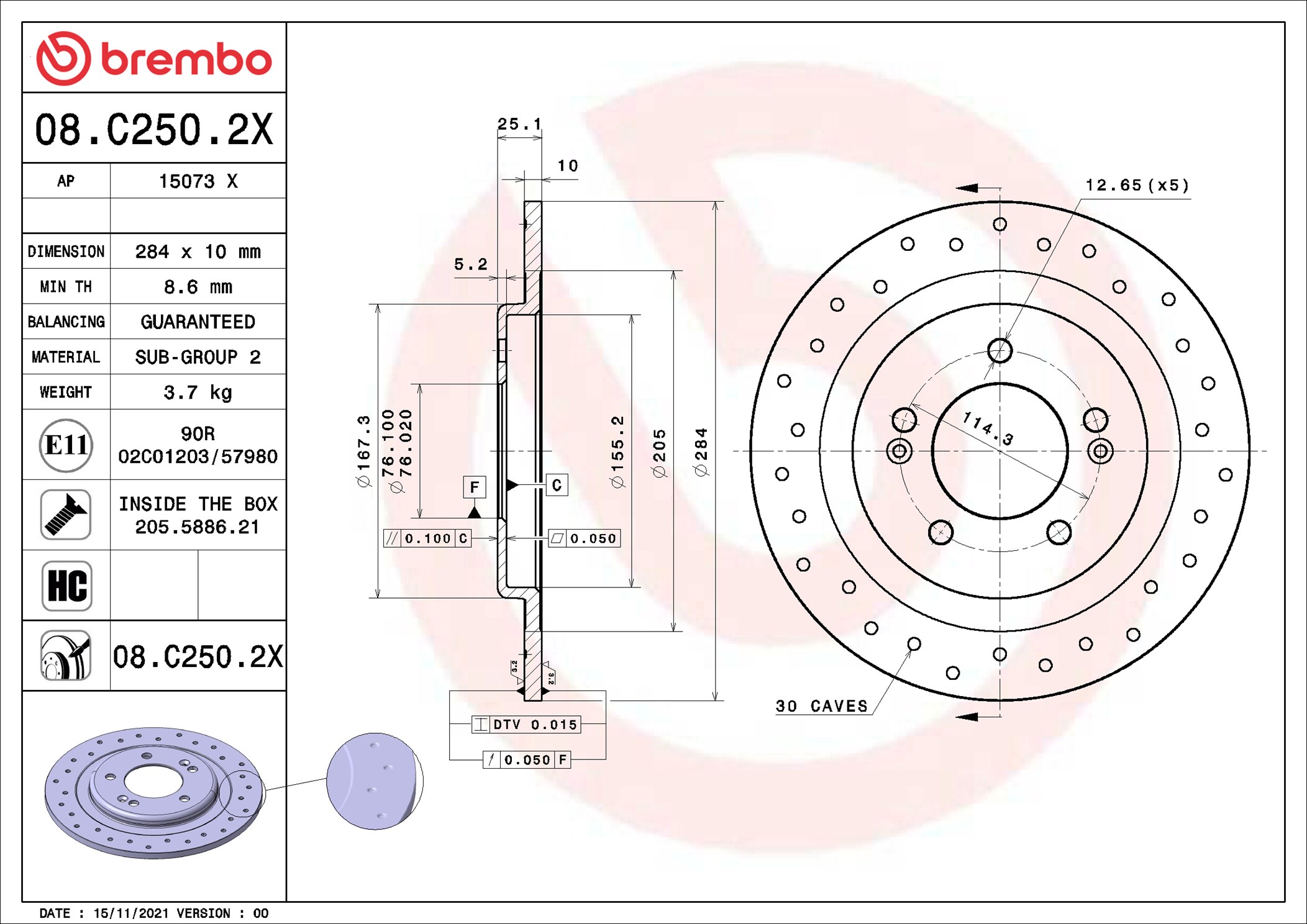 BREMBO Bremseskive 08c2502x perforeret 284mm 10mm for HYUNDAI