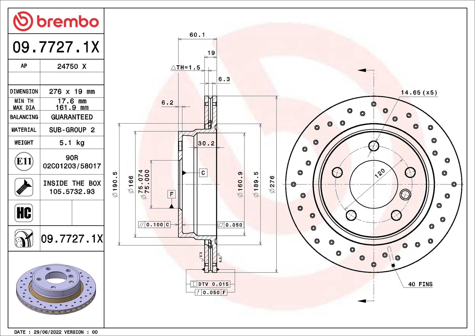 BREMBO Bremseskive 0977271x 276mm 19mm for BMW (BRILLIANCE) DE LA CHAPELLE BMW