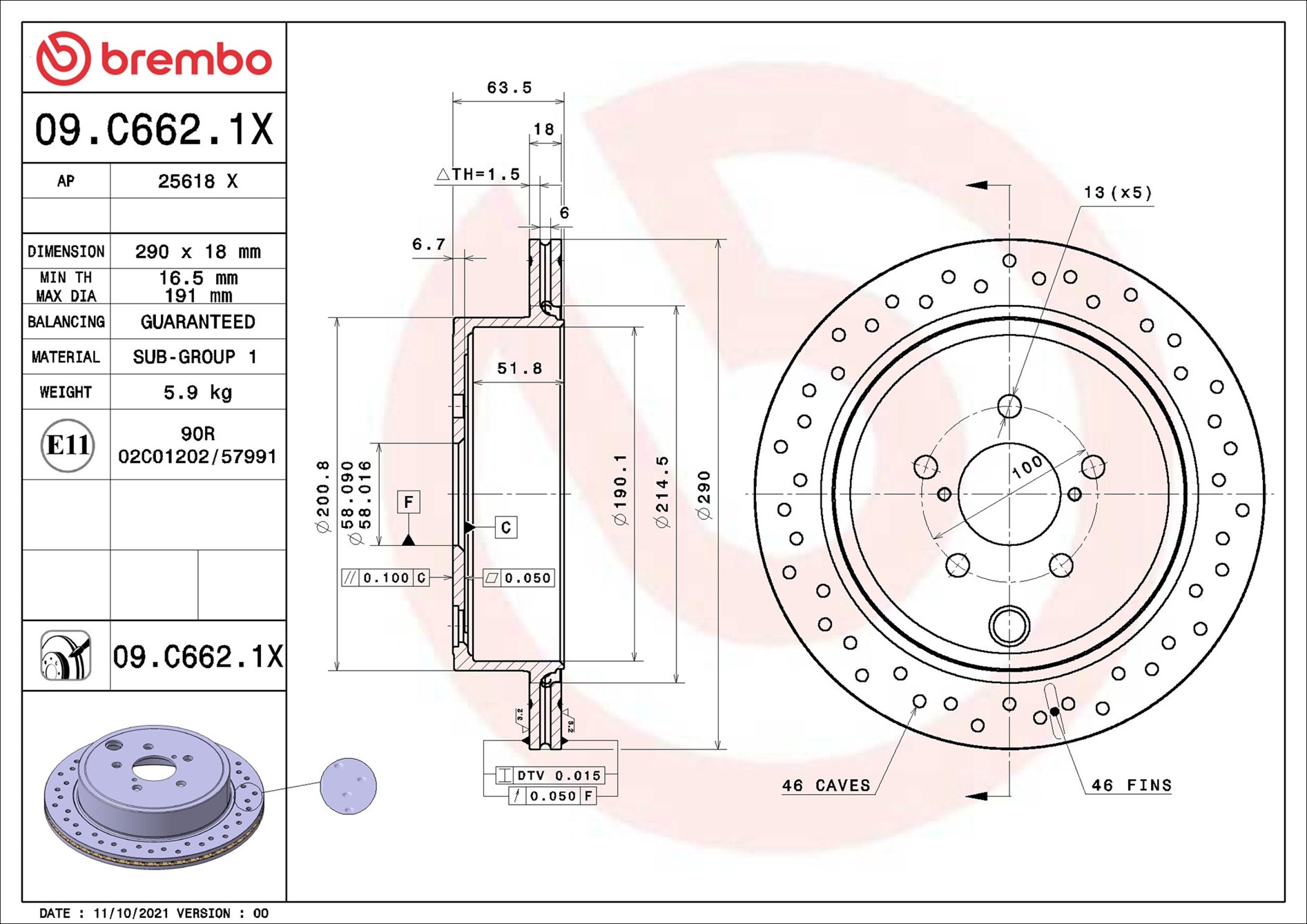 BREMBO Bremseskive 09c6621x 290mm 18mm for SUBARU TOYOTA