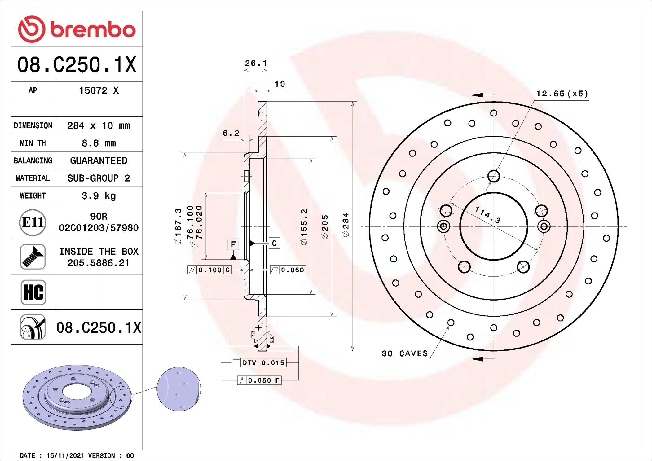 BREMBO Bremseskive 08c2501x perforeret 284mm 10mm for KIA