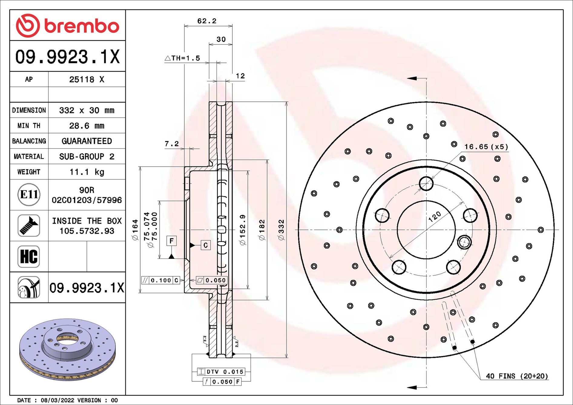 BREMBO Bremseskive 0999231x 332mm 30mm for BMW