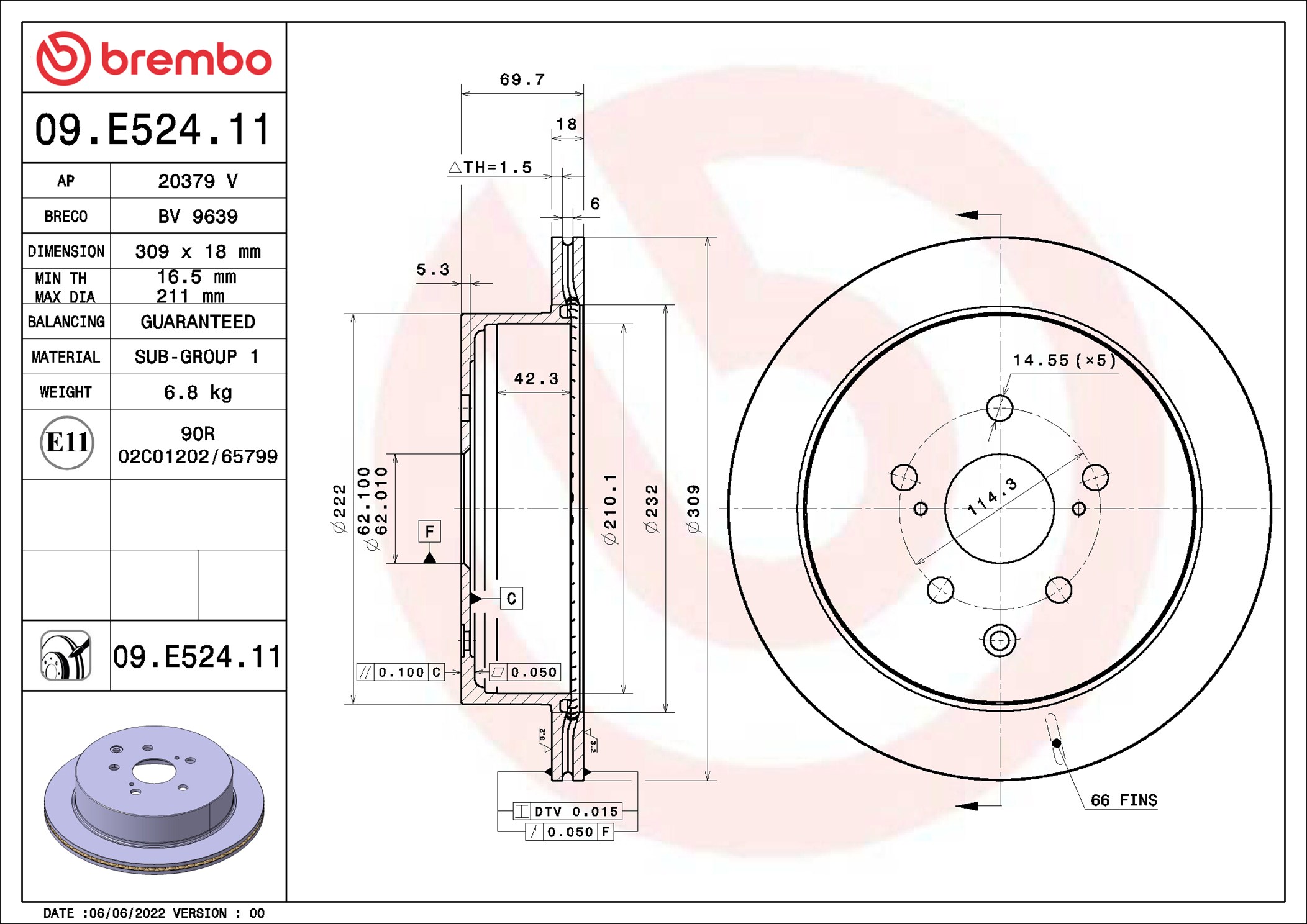 BREMBO Bremseskive 09e52411 309mm 18mm for LEXUS