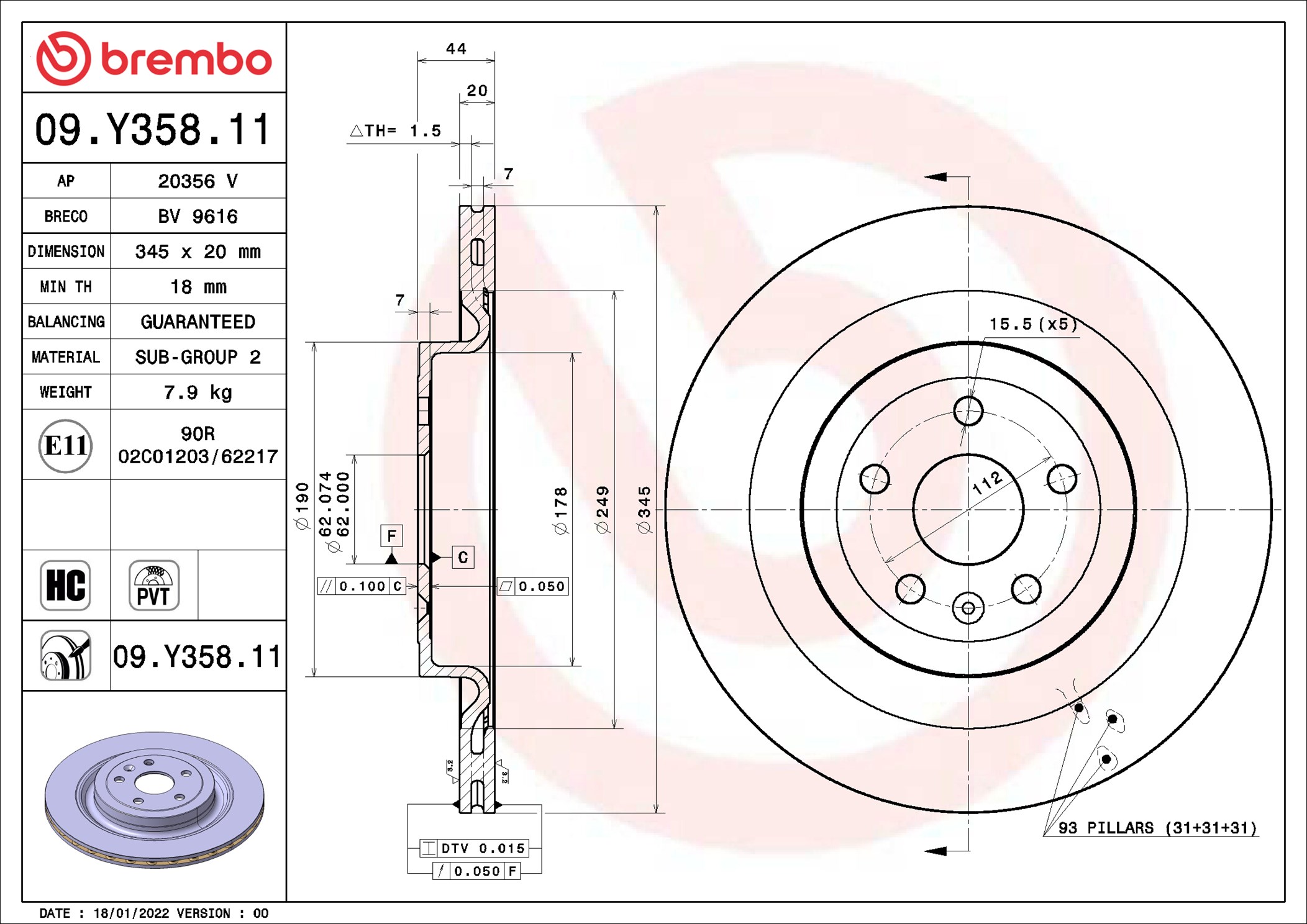 BREMBO Bremseskive 09y35811 345mm 20mm for XPENG