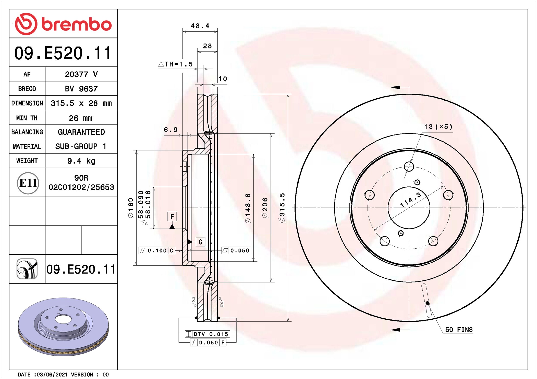 BREMBO Bremseskive 09e52011 316mm 28mm for SUBARU