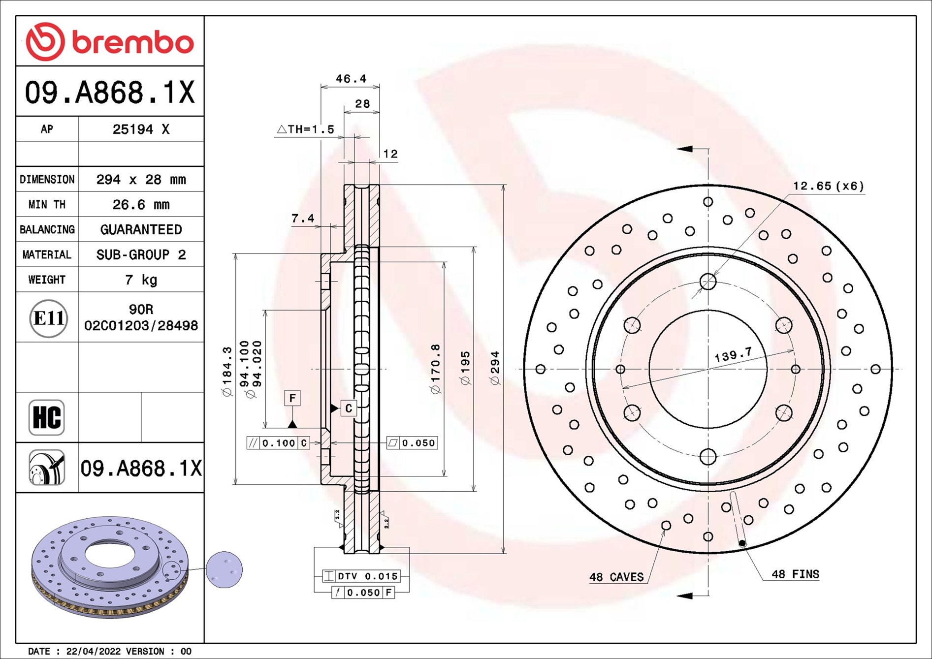 BREMBO Bremseskive 09.A868.1X 294mm 28mm for FIAT MITSUBISHI