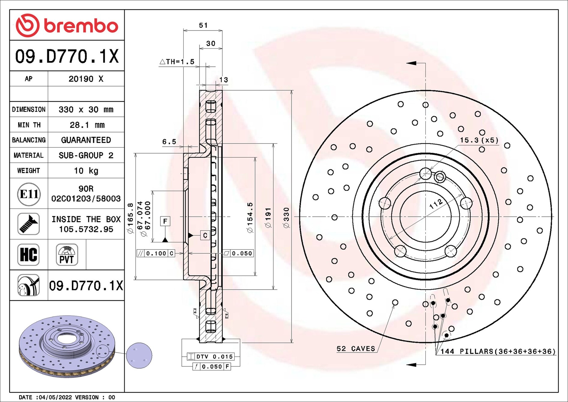 BREMBO Bremseskive 09d7701x 330mm 30mm for MERCEDES-BENZ MERCEDES-BENZ (BBDC)