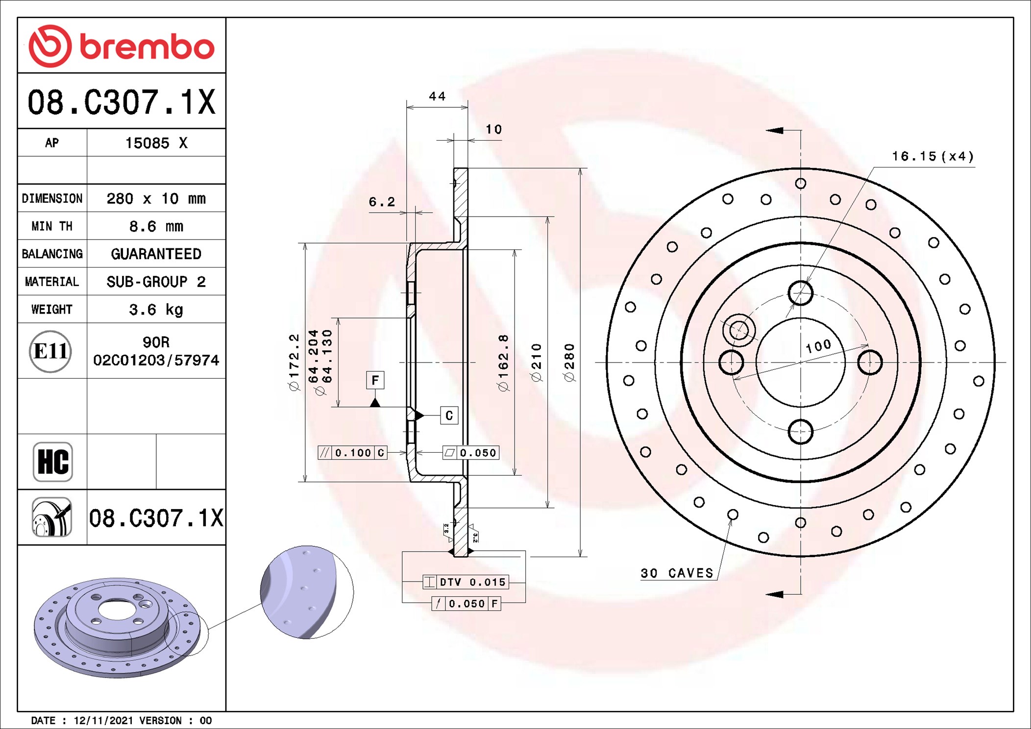 BREMBO Bremseskive 08c3071x perforeret 280mm 10mm for MINI