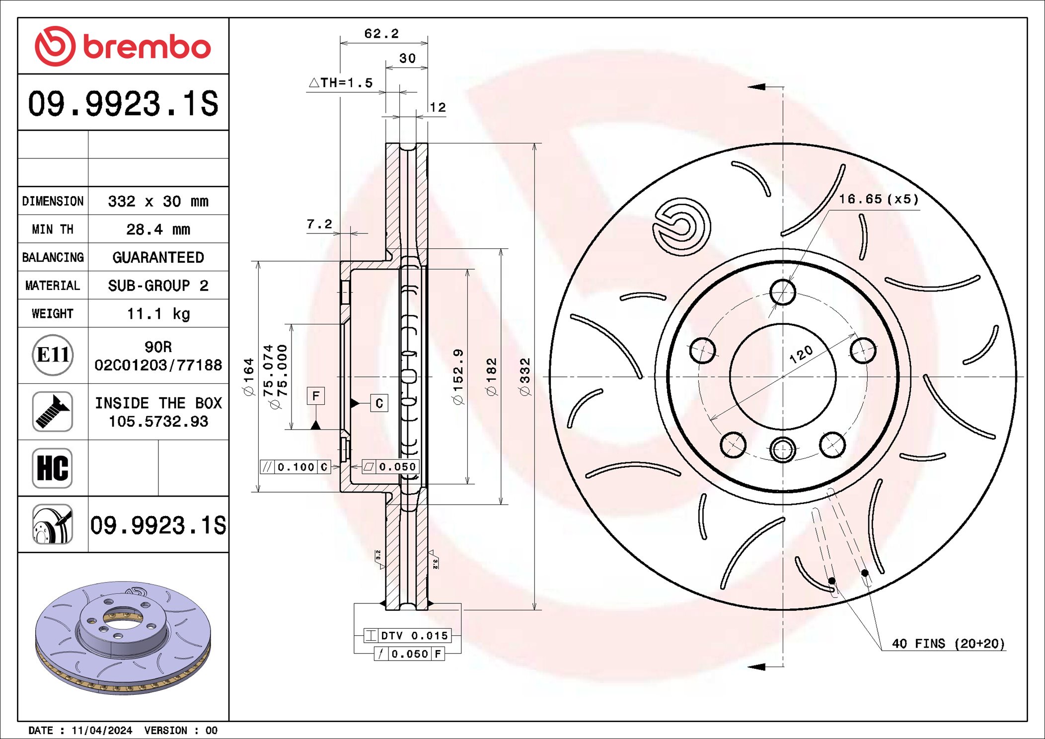 BREMBO Bremseskive 09.9923.1S 332mm 30mm for BMW