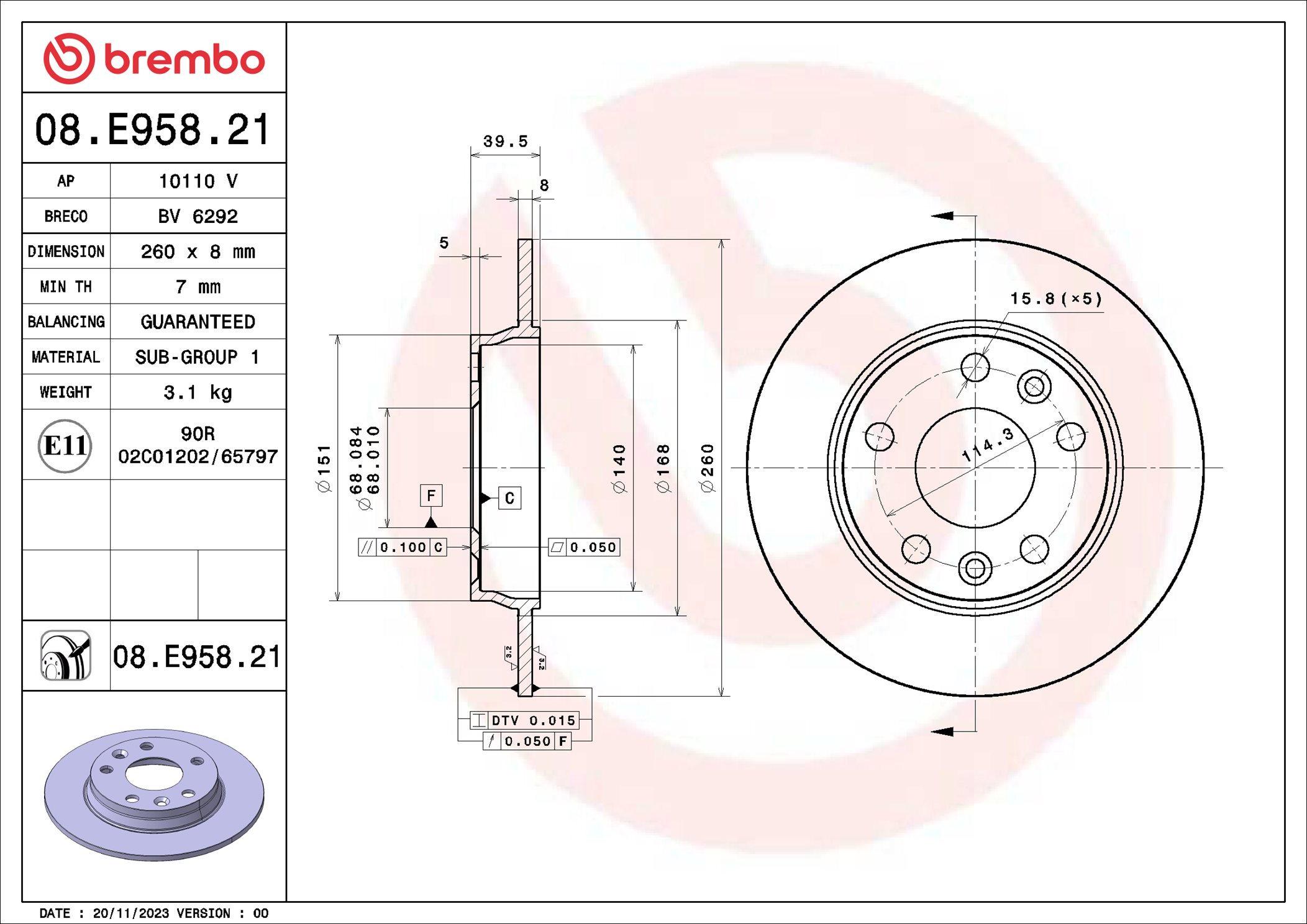 BREMBO Bremseskive 08.E958.21 260mm 8mm for RENAULT