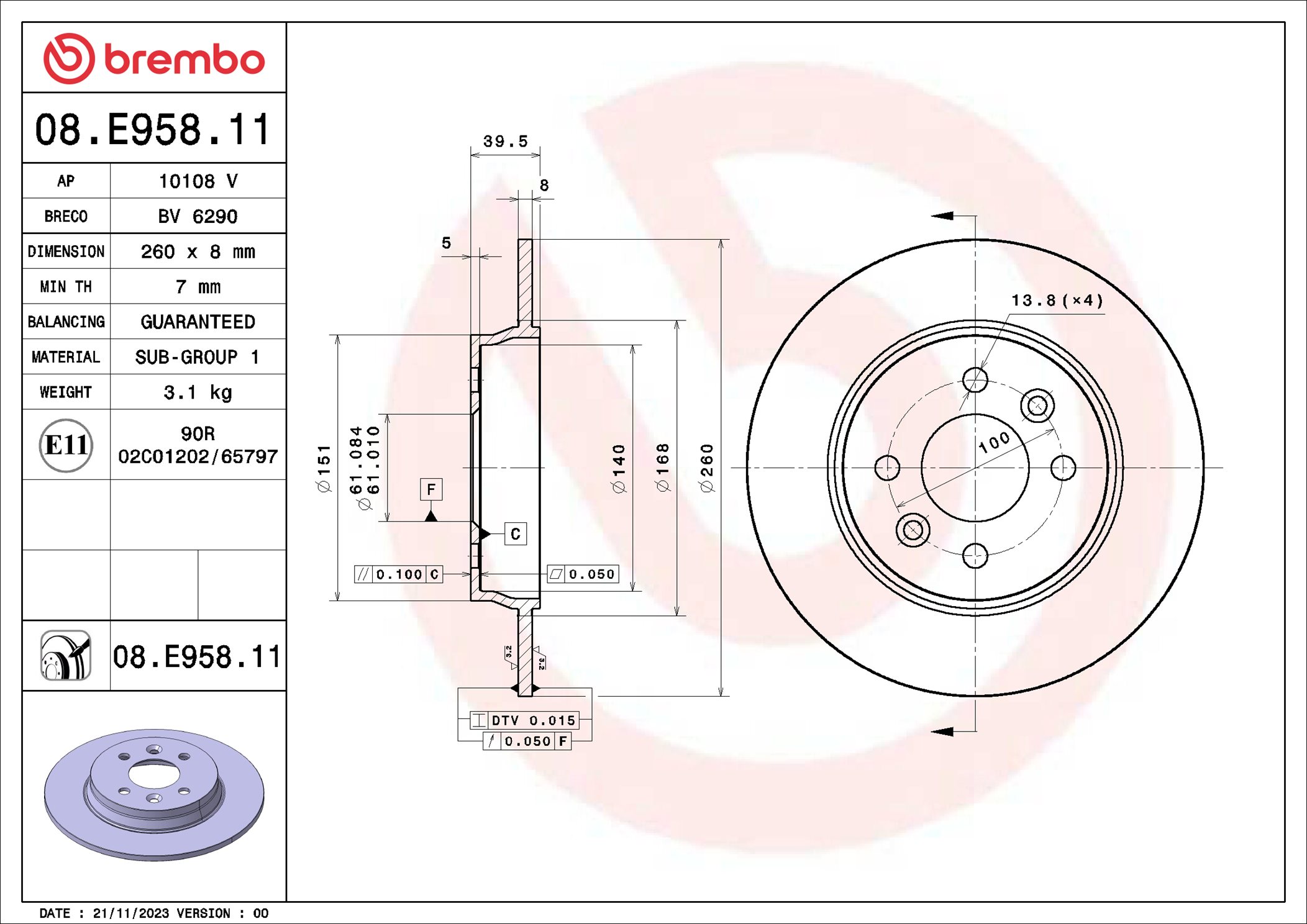 BREMBO Bremseskive 08.E958.11 260mm 8mm for RENAULT
