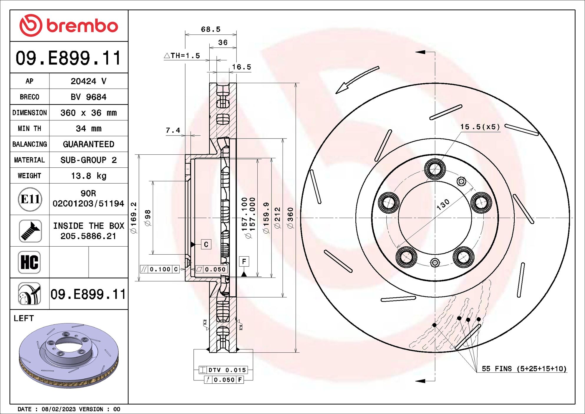 BREMBO Bremseskive 09e89911 lukket 360mm 36mm for PORSCHE