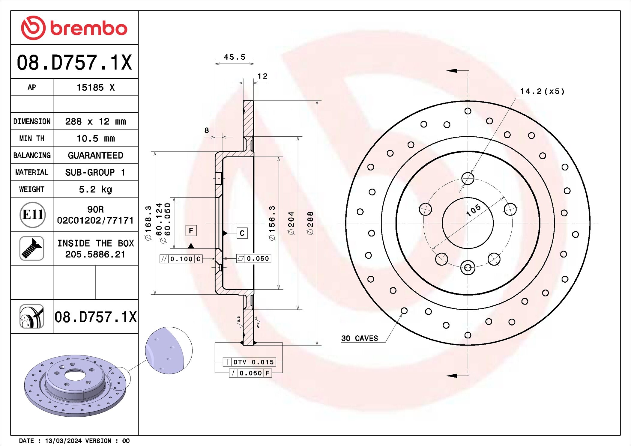 BREMBO Bremseskive 08d7571x perforeret 288mm 12mm for OPEL