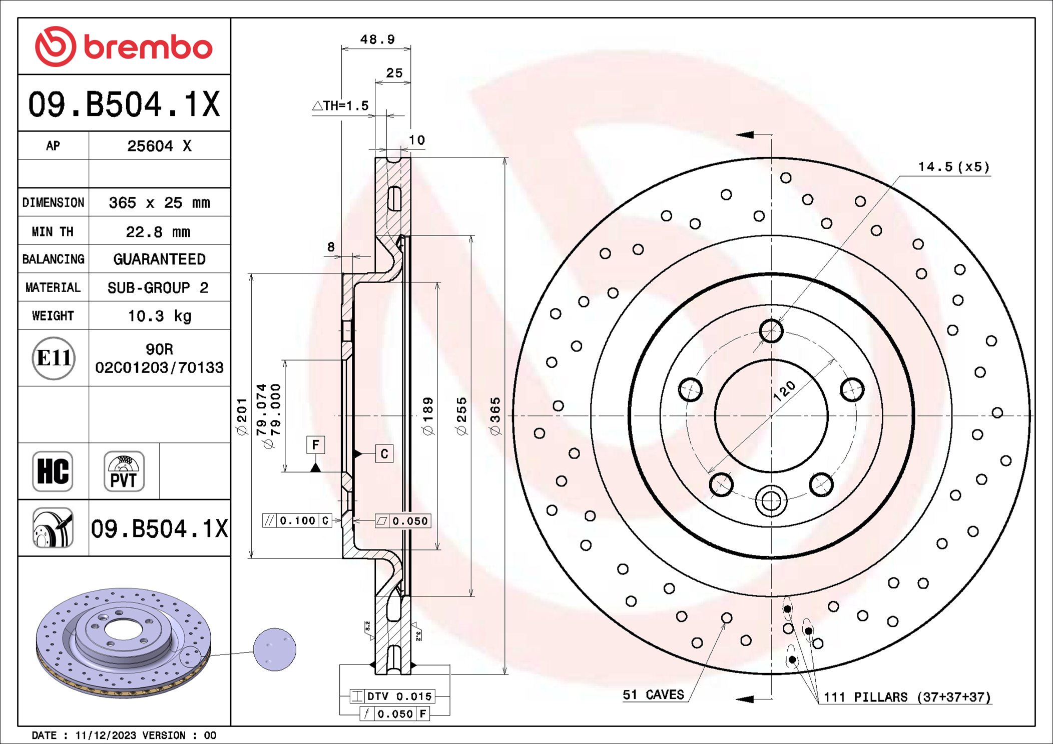 BREMBO Bremseskive 09.B504.1X 365mm 25mm for LAND ROVER