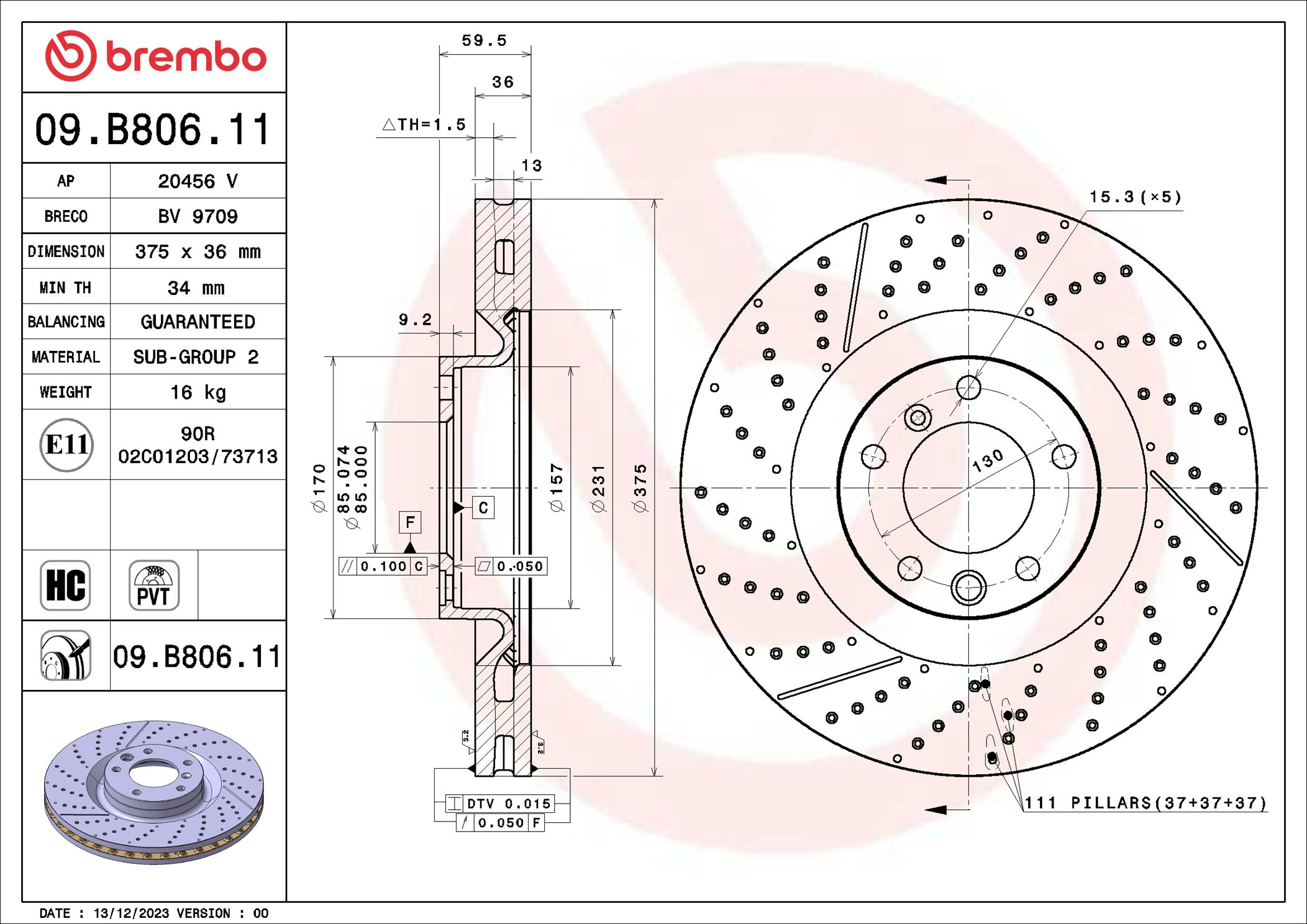 BREMBO Bremseskive 09b80611 lukket/perforeret 375mm 36mm for MERCEDES-BENZ