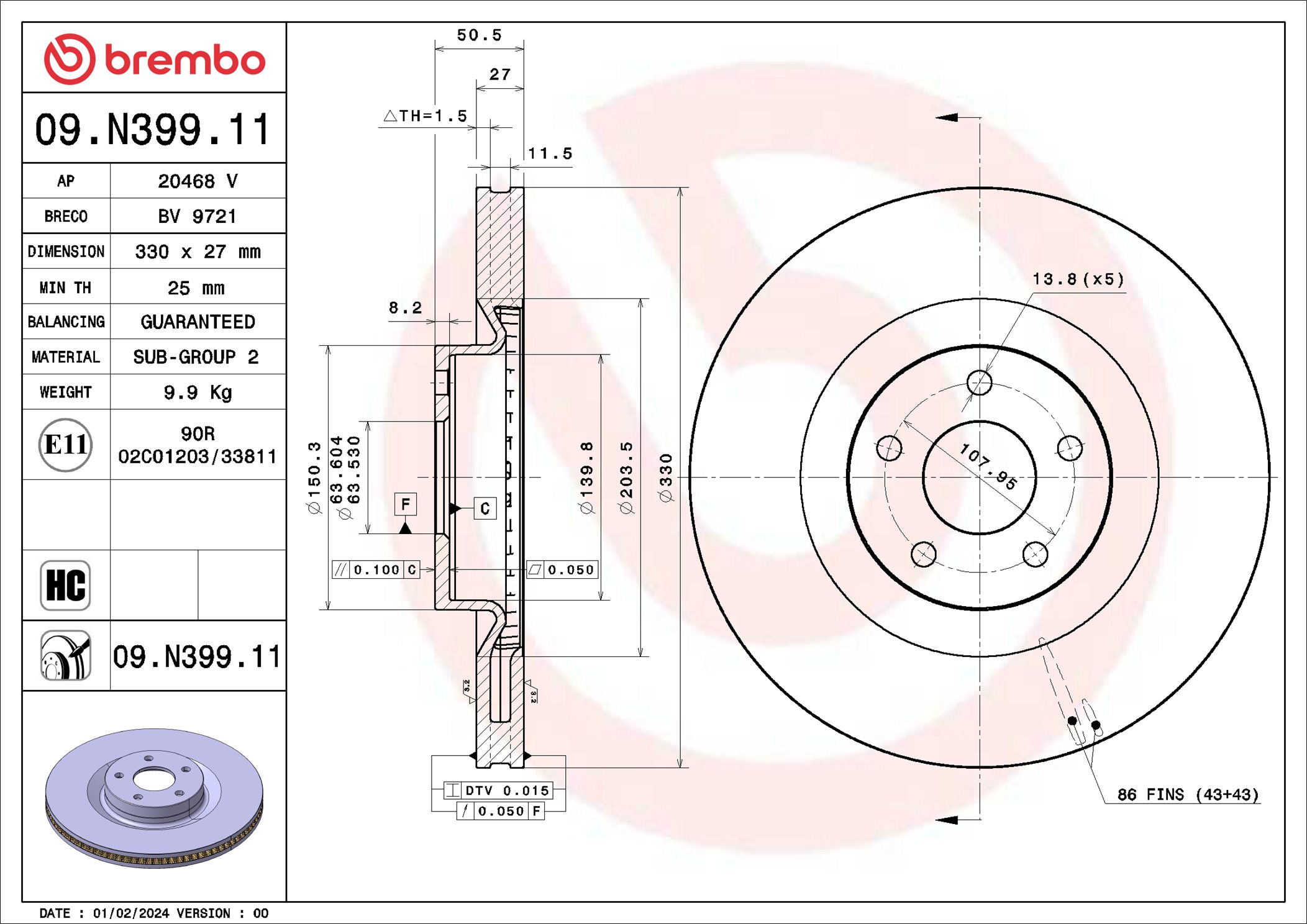 BREMBO Bremseskive 09n39911 330mm 27mm for FORD
