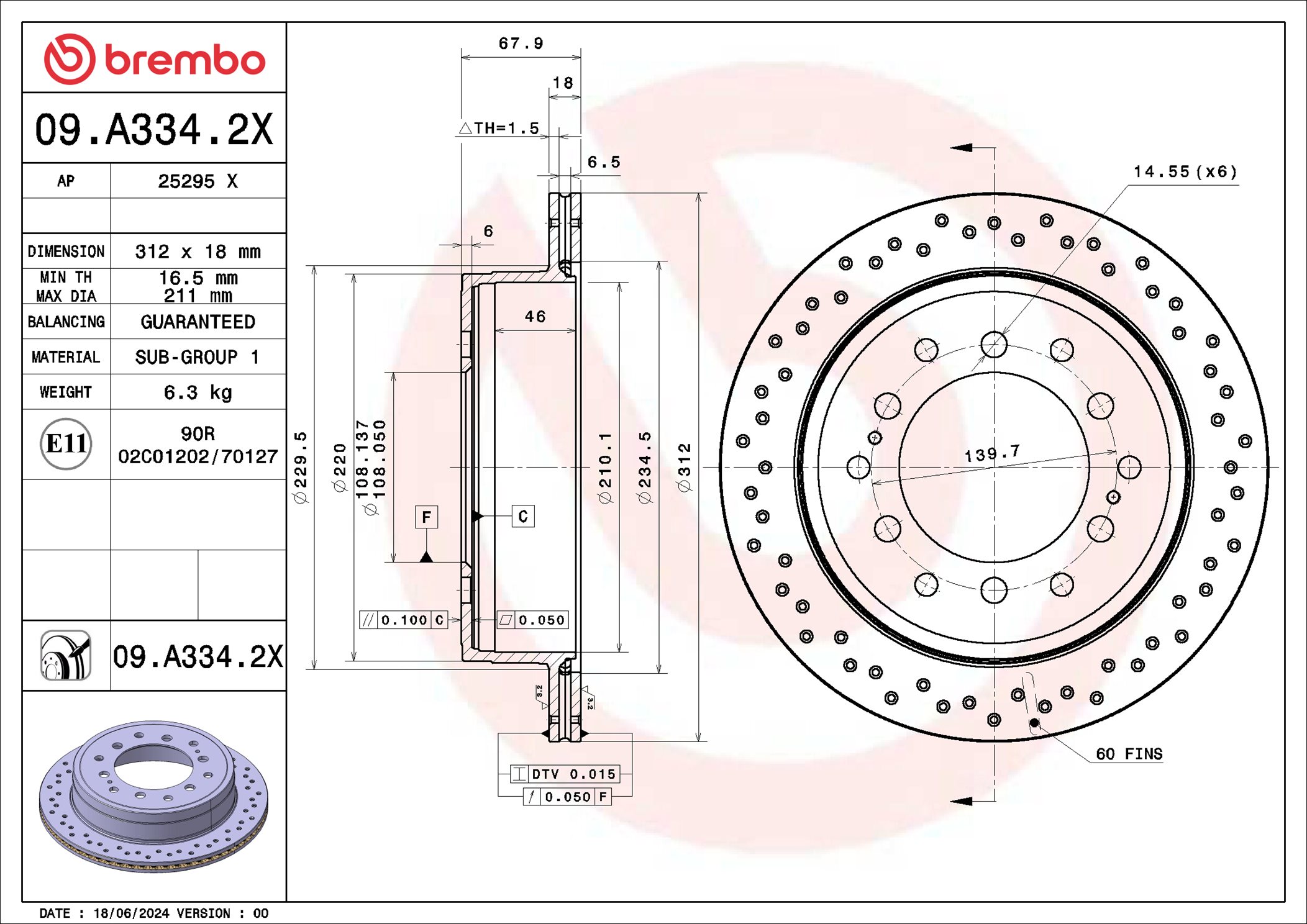 BREMBO Bremseskive 09a3342x 312mm 18mm for TOYOTA (FAW) TOYOTA