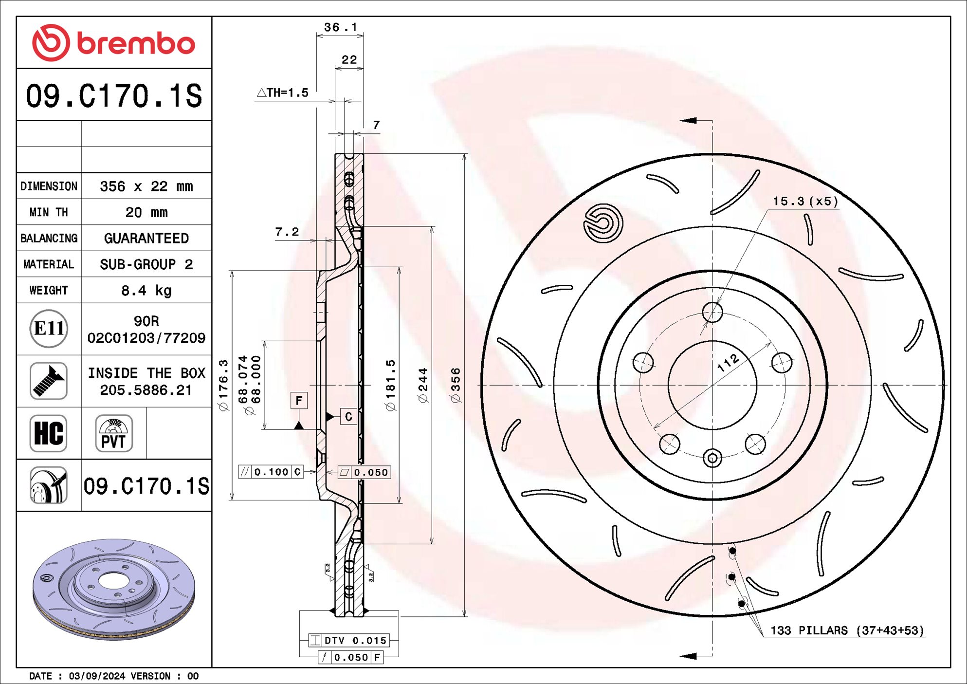BREMBO Bremseskive 09c1701s 356mm 22mm for AUDI