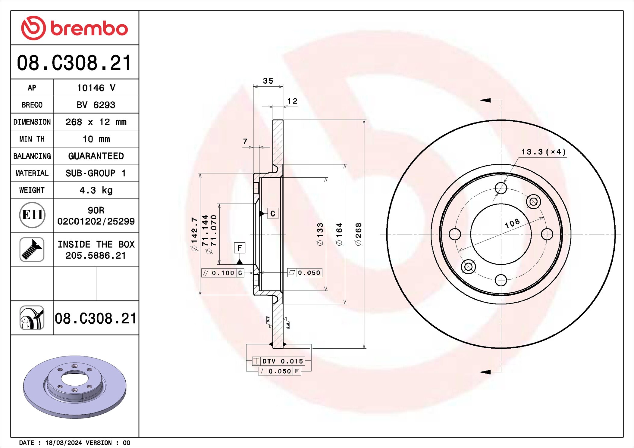 BREMBO Bremseskive 08c30821 268mm 12mm for DS PEUGEOT (DF-PSA)