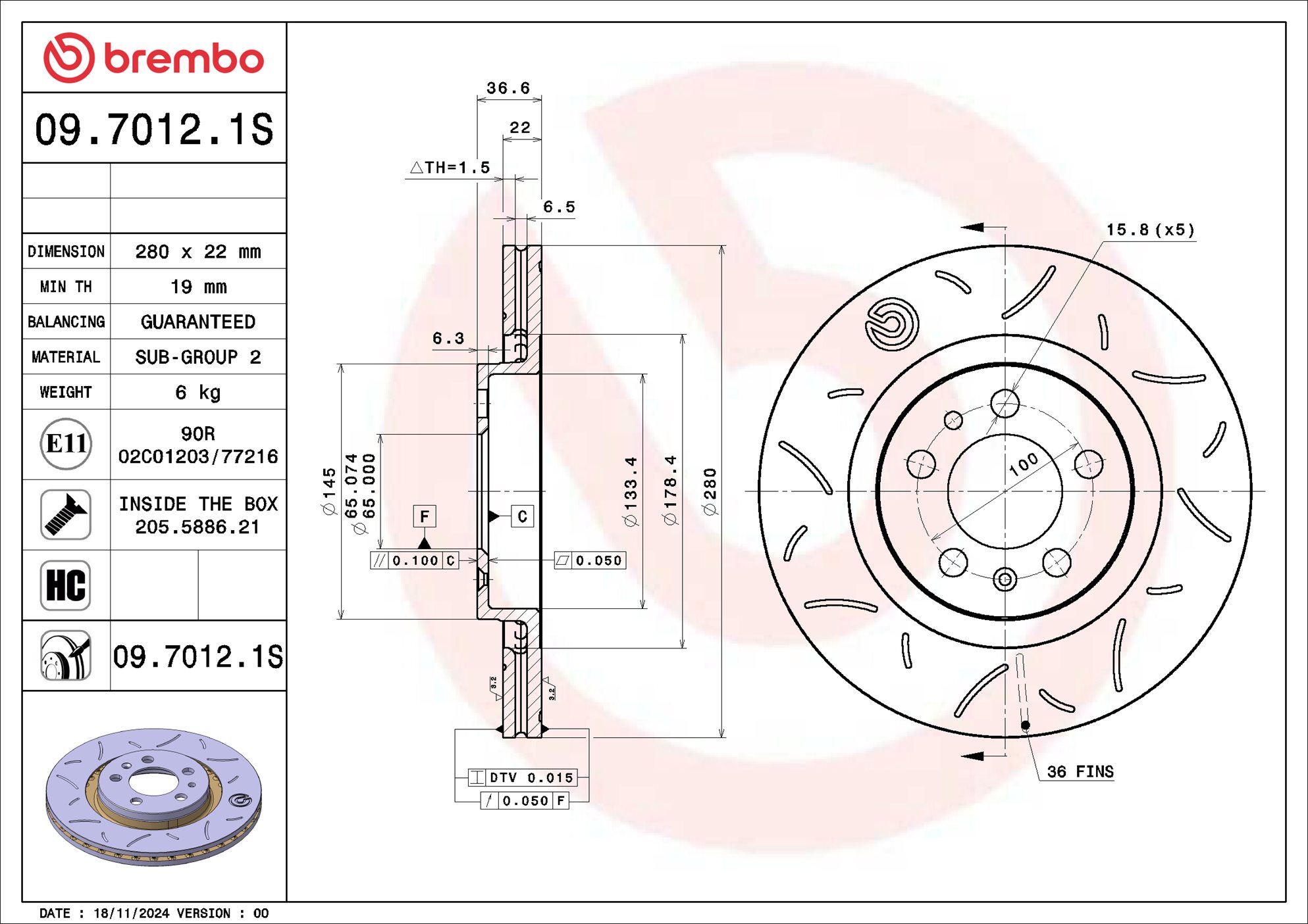 BREMBO Bremseskive 0970121s 280mm 22mm for VW (FAW) VW
