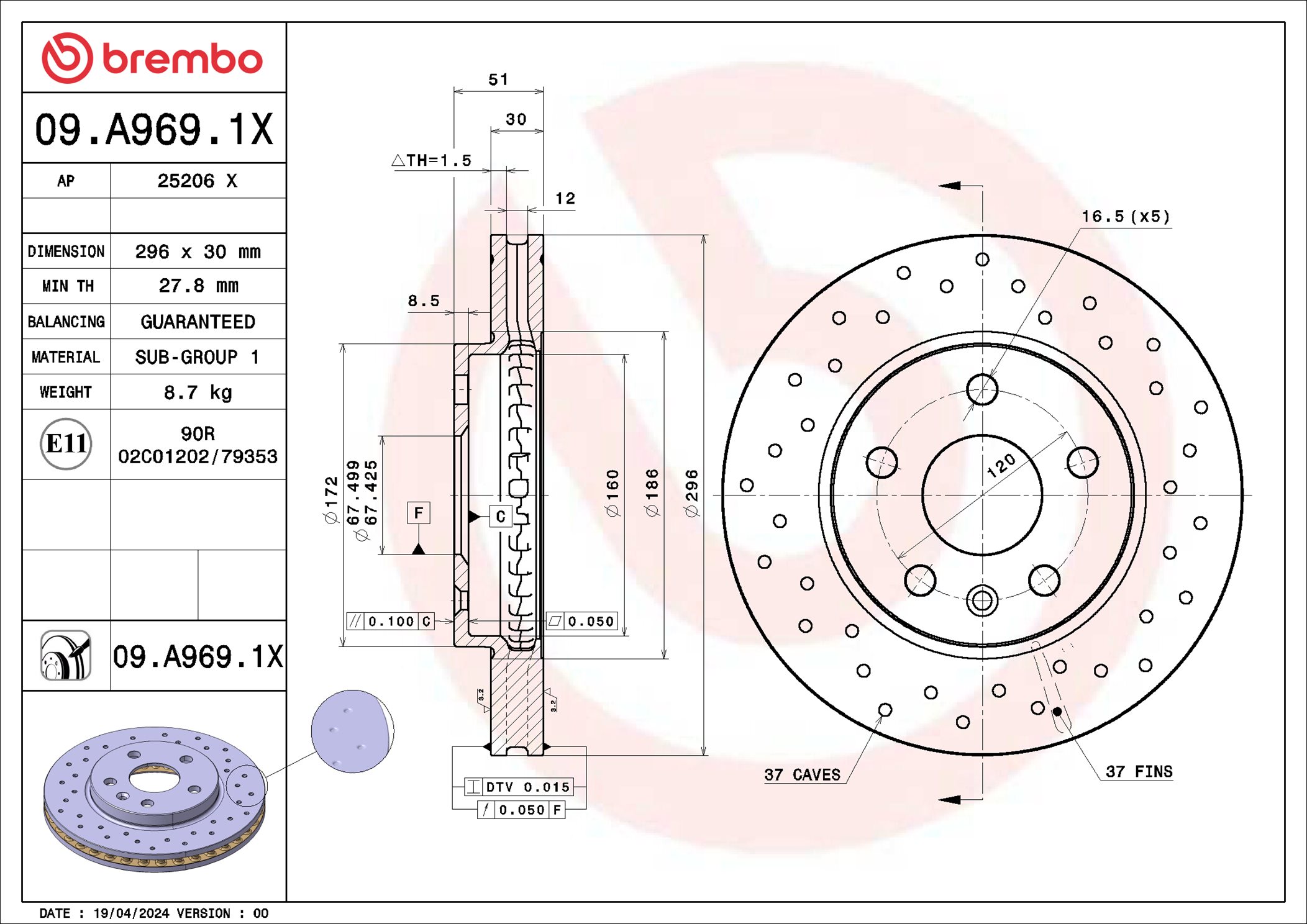 BREMBO Bremseskive 09a9691x 296mm 30mm for OPEL CHEVROLET VAUXHALL CHEVROLET (SGM) SAAB BUICK