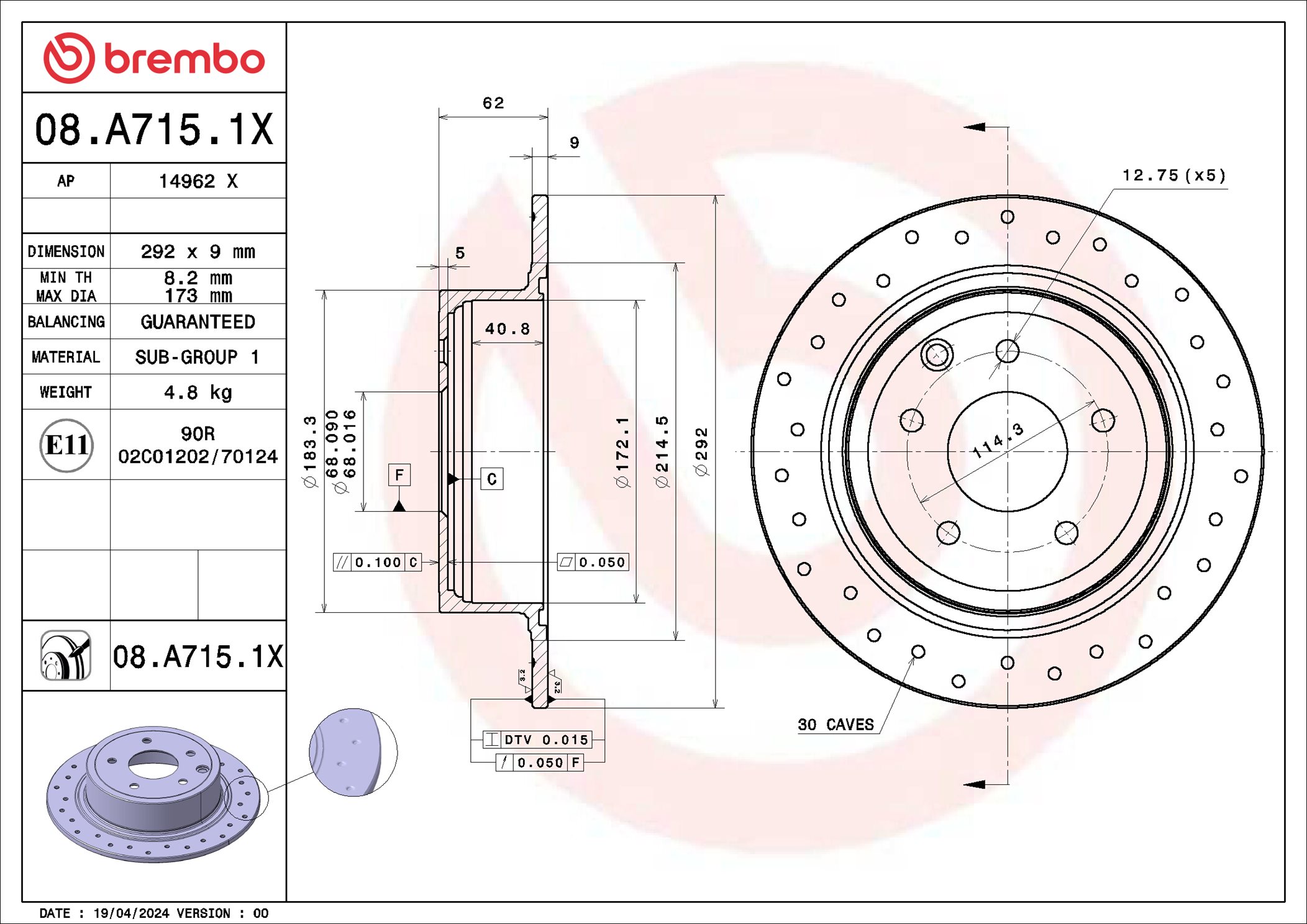 BREMBO Bremseskive 08a7151x perforeret 292mm 9mm for NISSAN INFINITI RENAULT (DFAC) RENAULT NISSAN (DFAC)