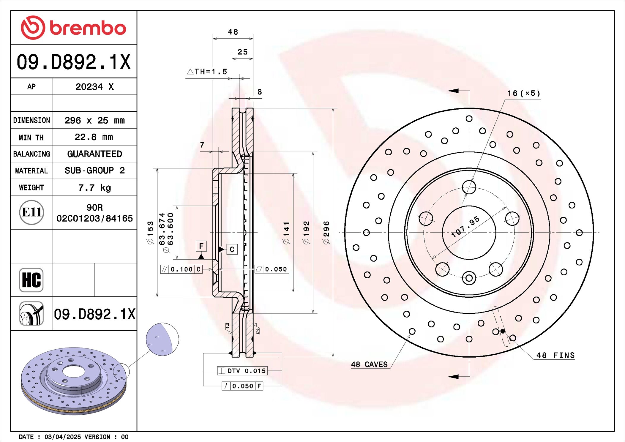 BREMBO Bremseskive 09d8921x 296mm 25mm for VOLVO ASIA VOLVO LYNK & CO