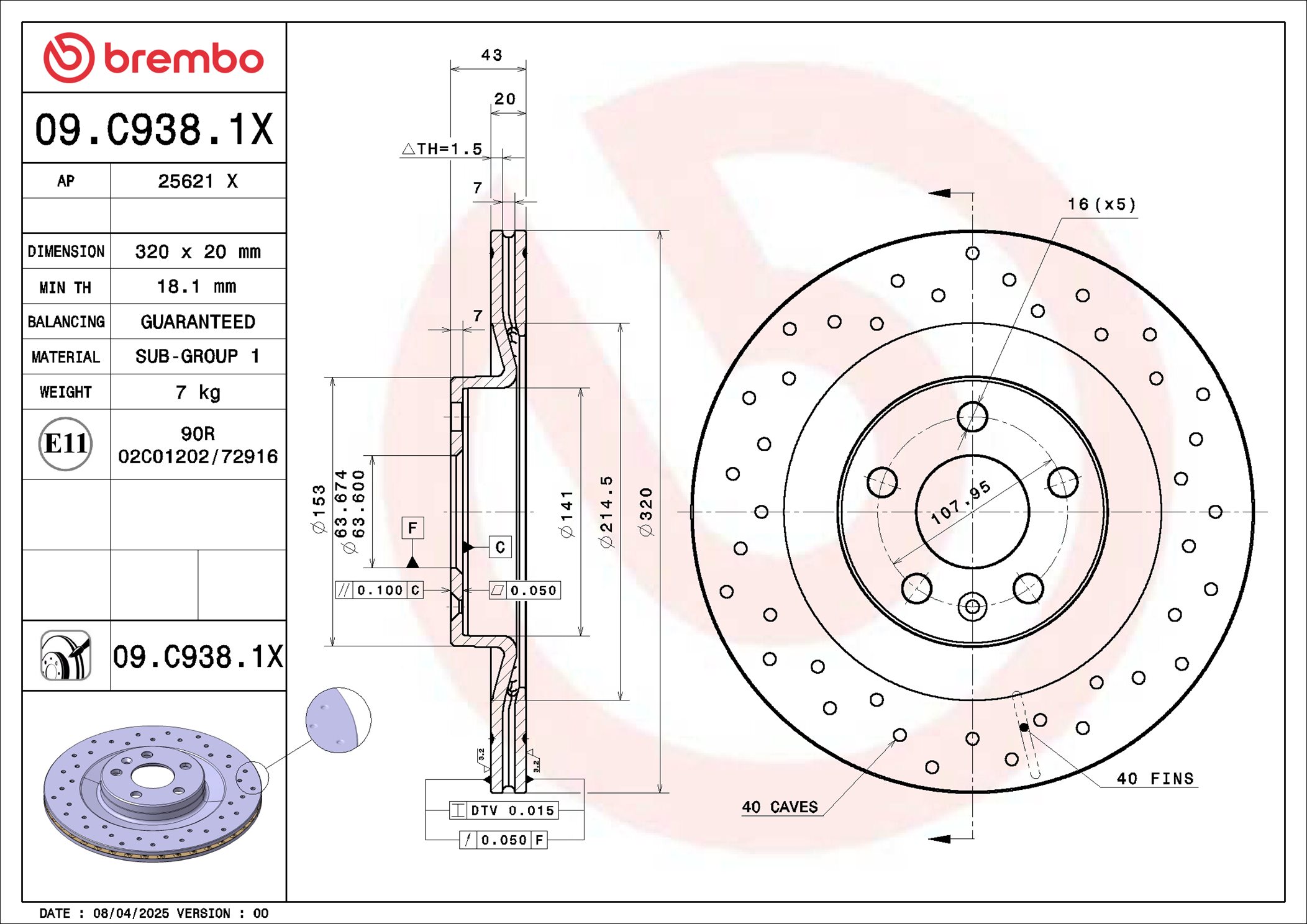 BREMBO Bremseskive 09c9381x 320mm 20mm for VOLVO VOLVO ASIA