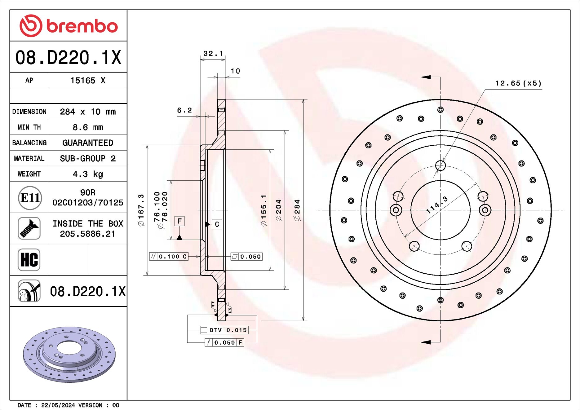 BREMBO Bremseskive 08.D220.1X perforeret 284mm 10mm for KIA KIA (DYK)