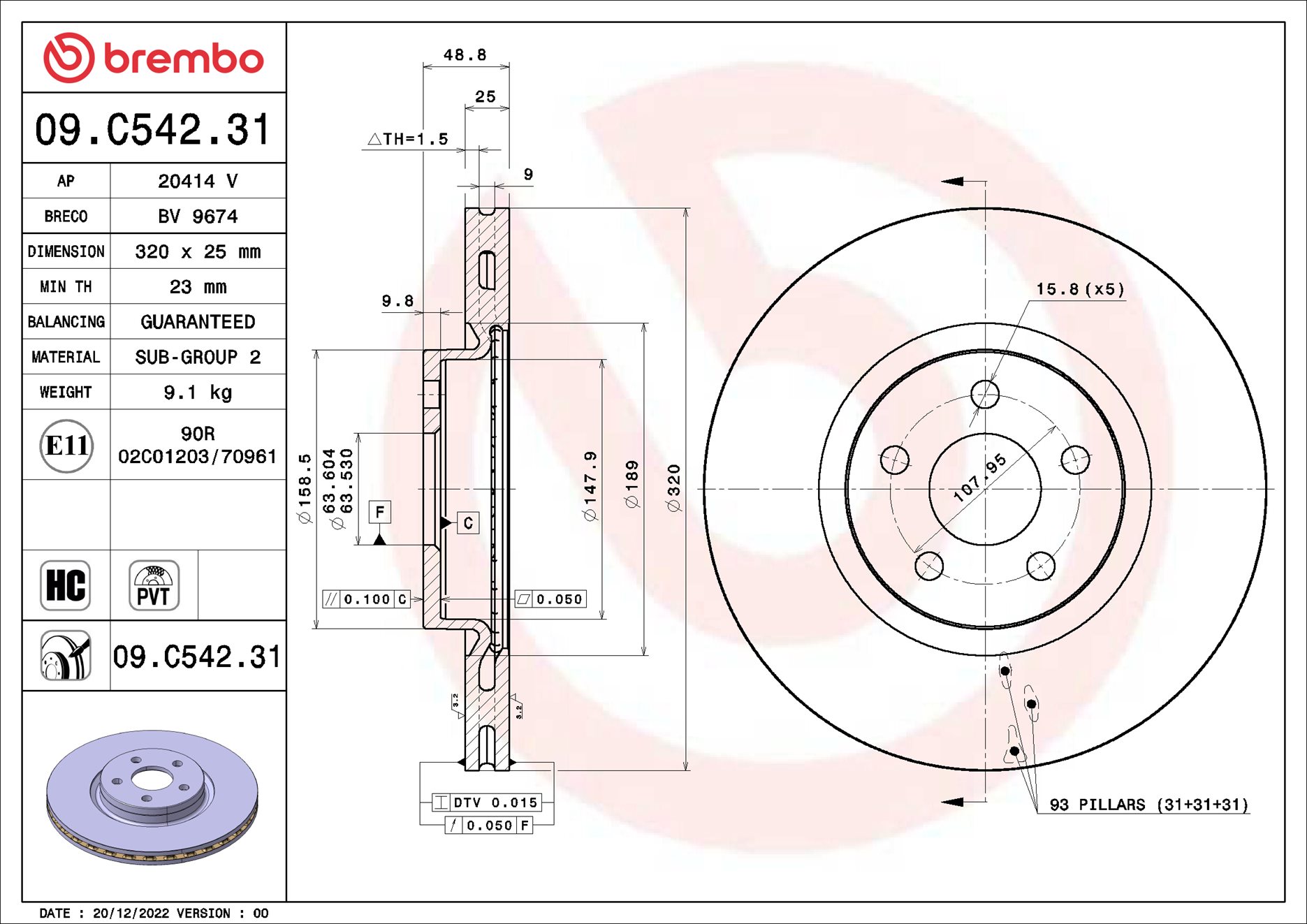BREMBO Bremseskive 09c54231 320mm 25mm for FORD