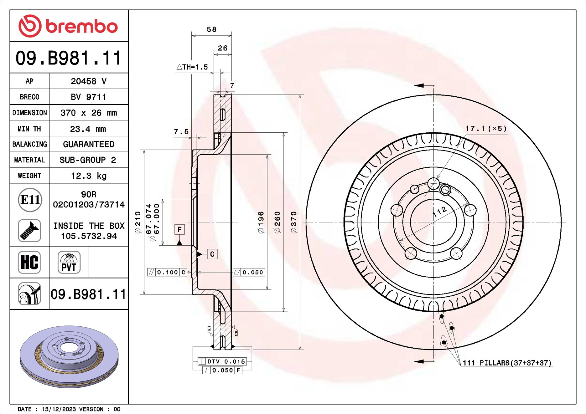 BREMBO Bremseskive 09.B981.11 370mm 26mm for MERCEDES-BENZ