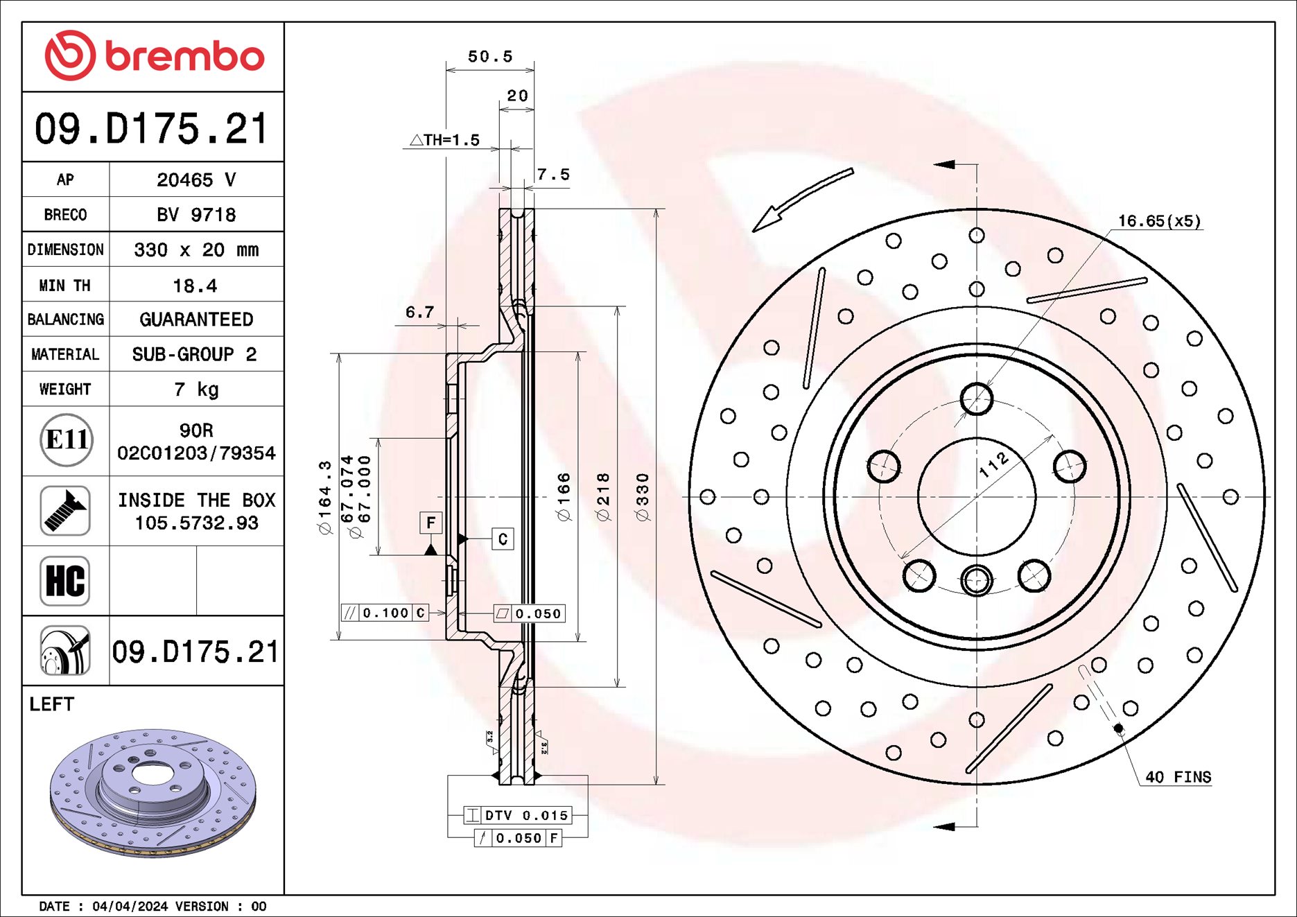BREMBO Bremseskive 09d17521 lukket/perforeret 330mm 20mm for BMW