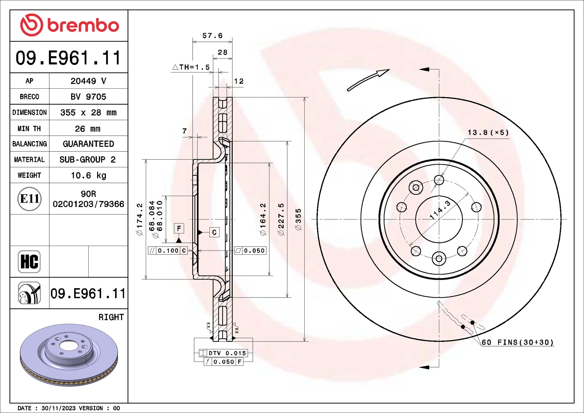 BREMBO Bremseskive 09e96111 355mm 28mm for RENAULT