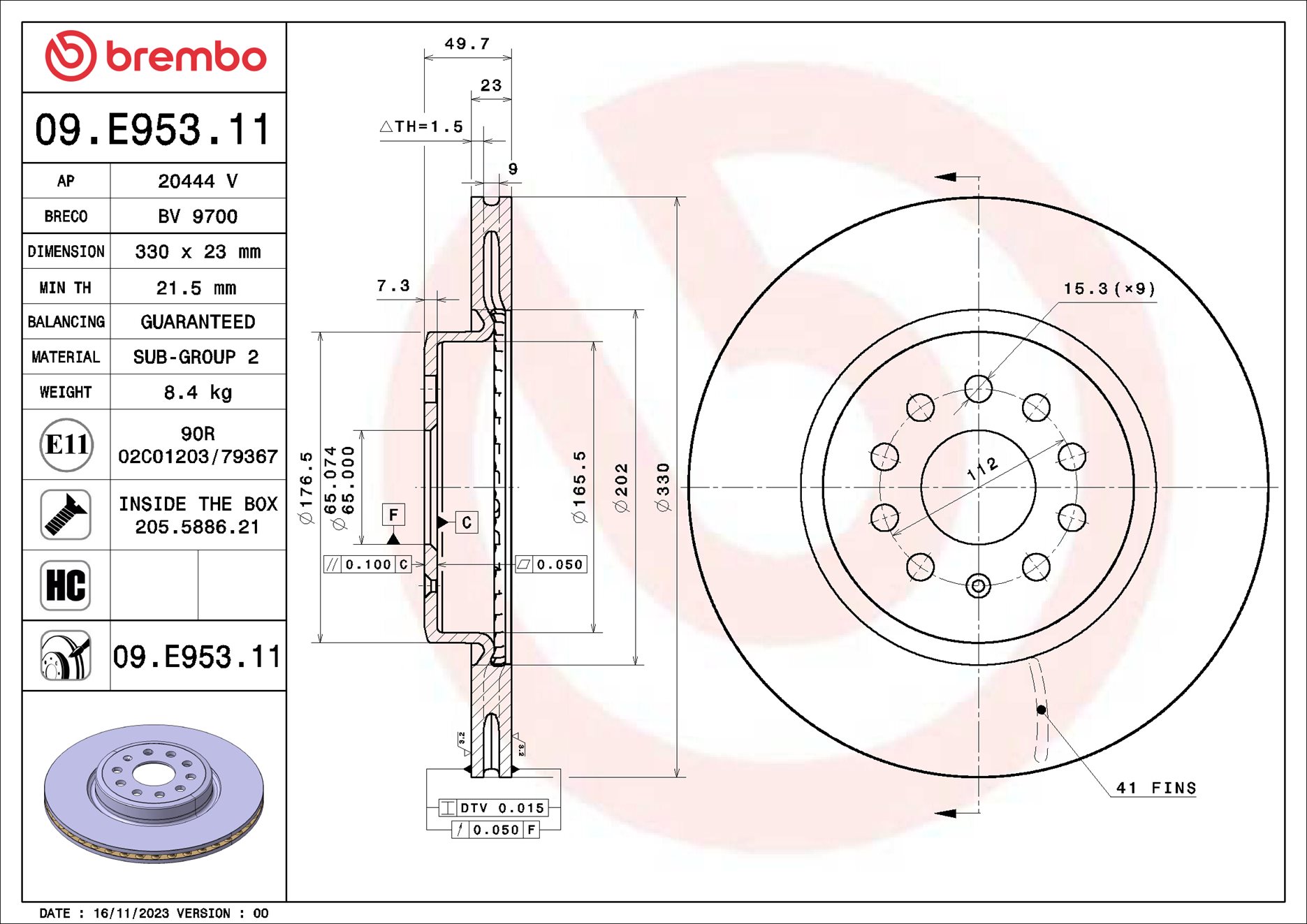 BREMBO Bremseskive 09e95311 330mm 23mm for VW