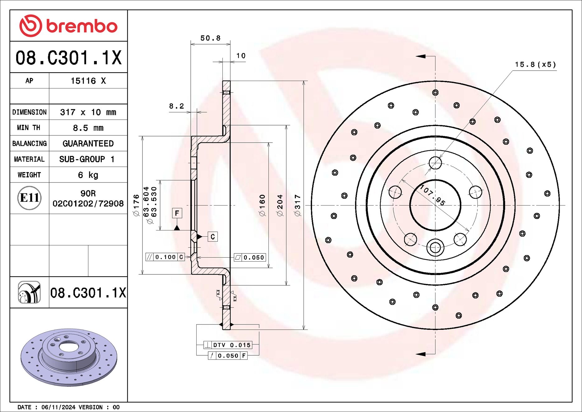 BREMBO Bremseskive 08.C301.1X perforeret 317mm 10mm for LAND ROVER