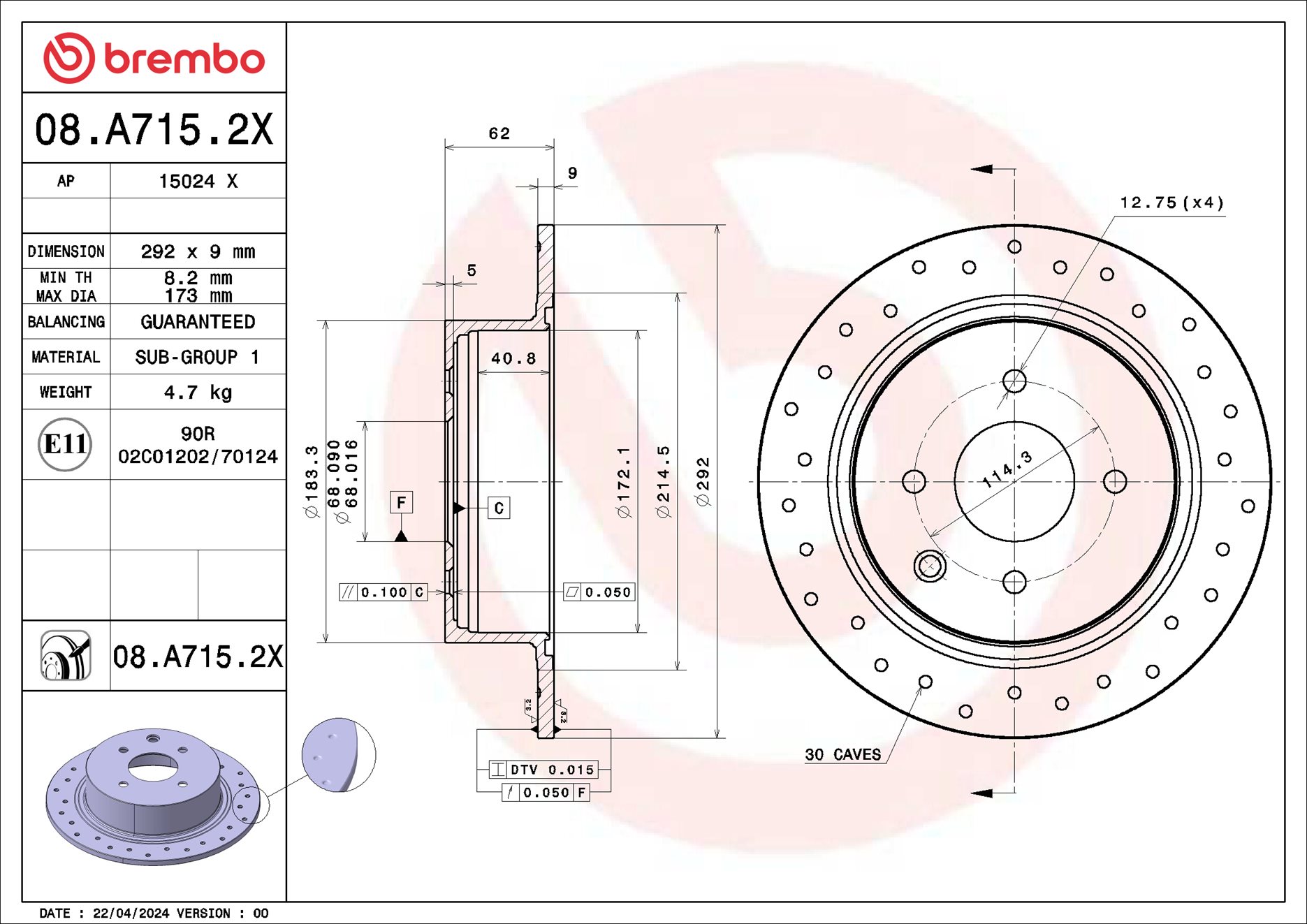 BREMBO Bremseskive 08a7152x perforeret 292mm 9mm for NISSAN NISSAN (DFAC)