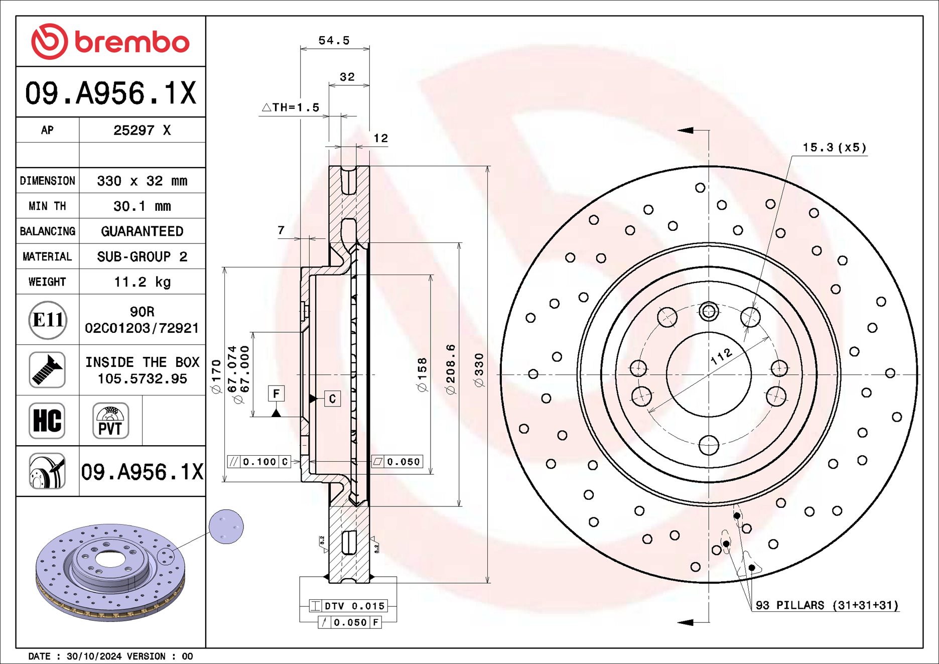 BREMBO Bremseskive 09a9561x 330mm 32mm for MERCEDES-BENZ BRABUS