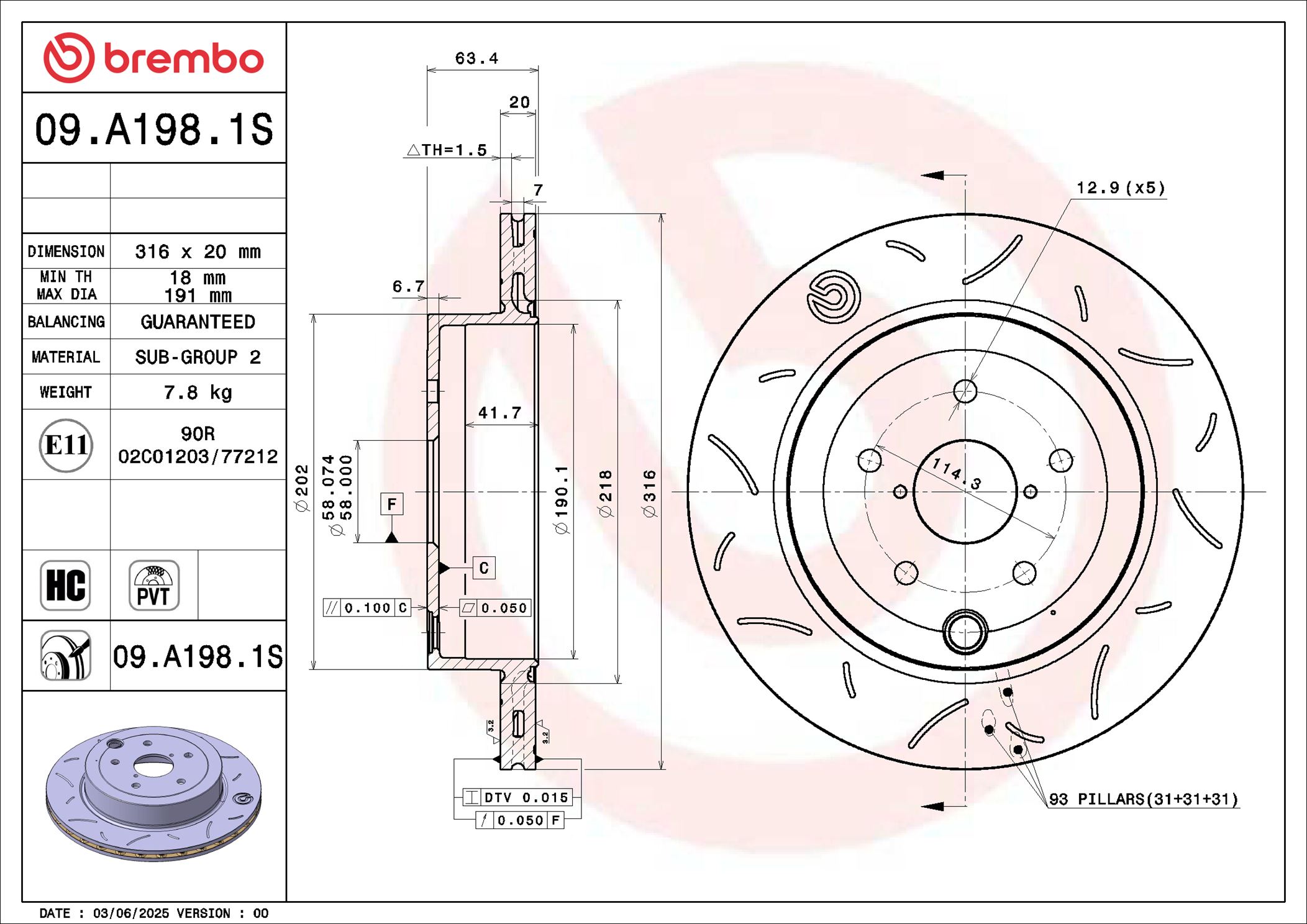 BREMBO Bremseskive 09a1981s 316mm 20mm for SUBARU