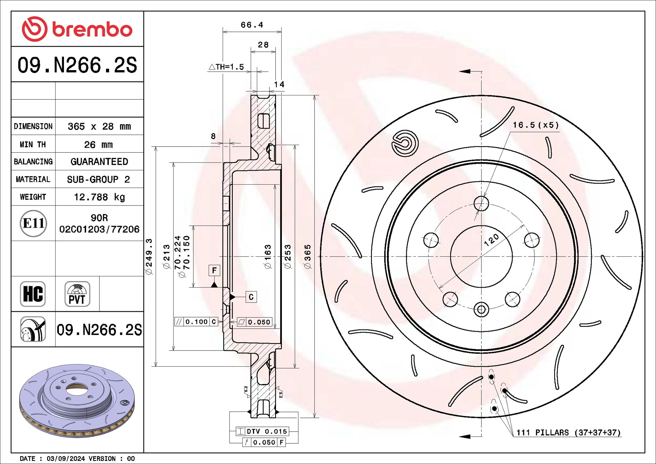 BREMBO Bremseskive 09n2662s 365mm 28mm for TESLA