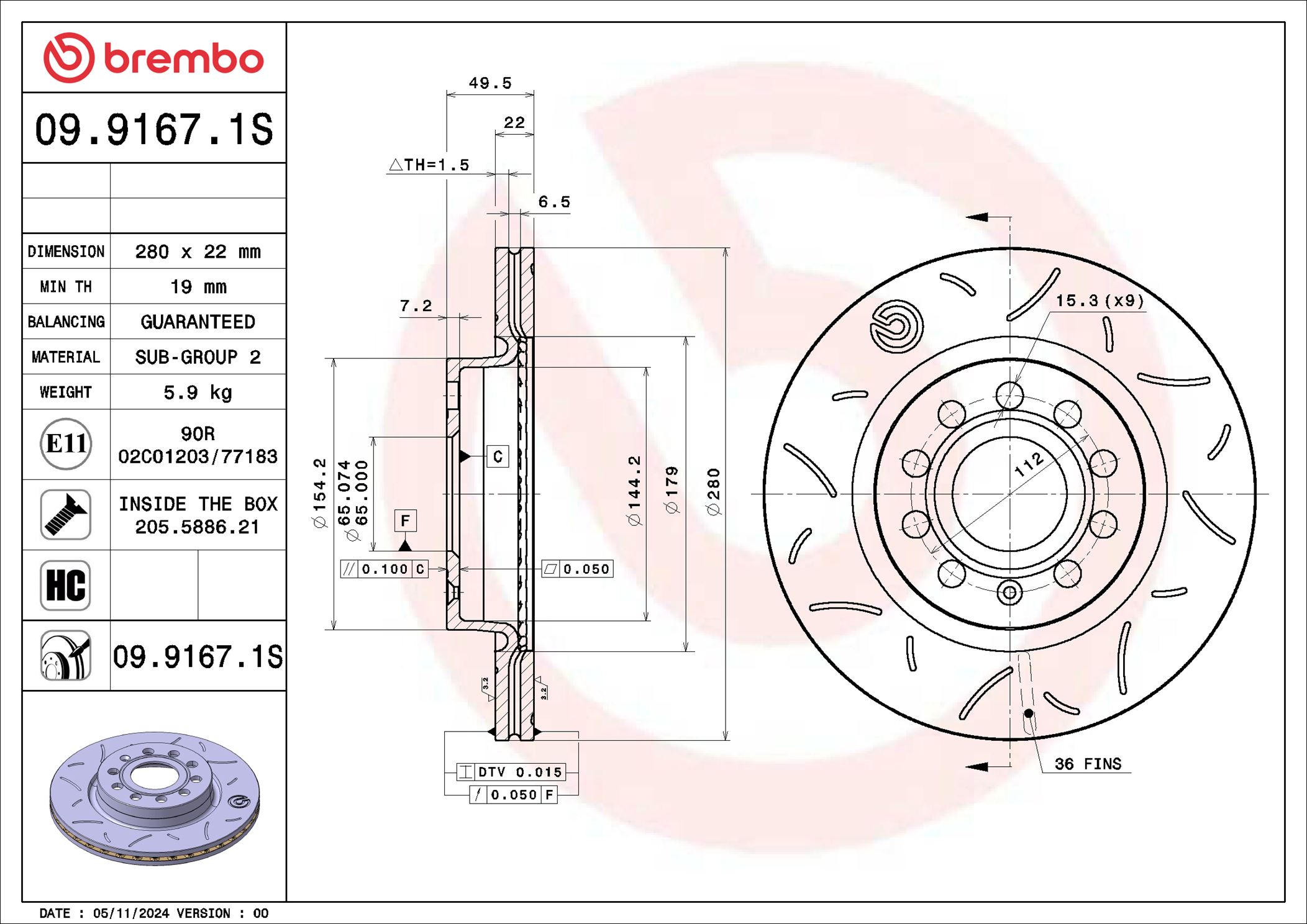 BREMBO Bremseskive 09.9167.1S 280mm 22mm for SKODA (SVW) VW VW (FAW)