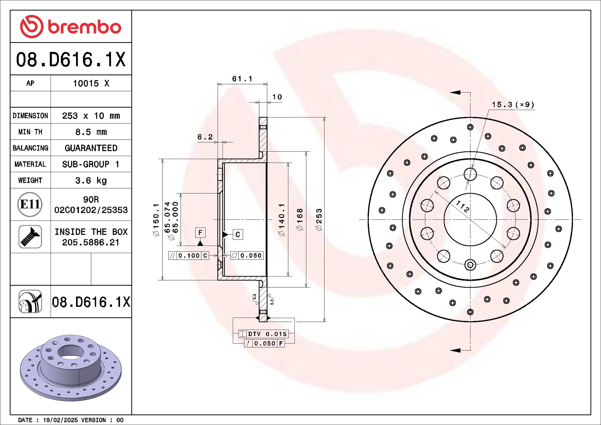BREMBO Bremseskive 08d6161x perforeret 253mm 10mm for SKODA SKODA (SVW)