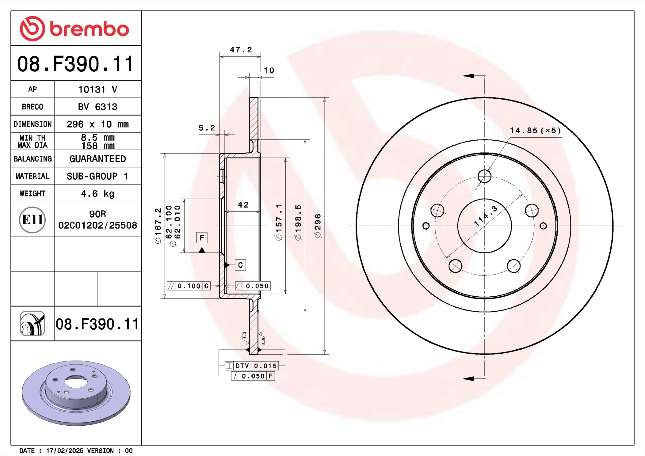 BREMBO 08f39011 296mm 10mm for TOYOTA