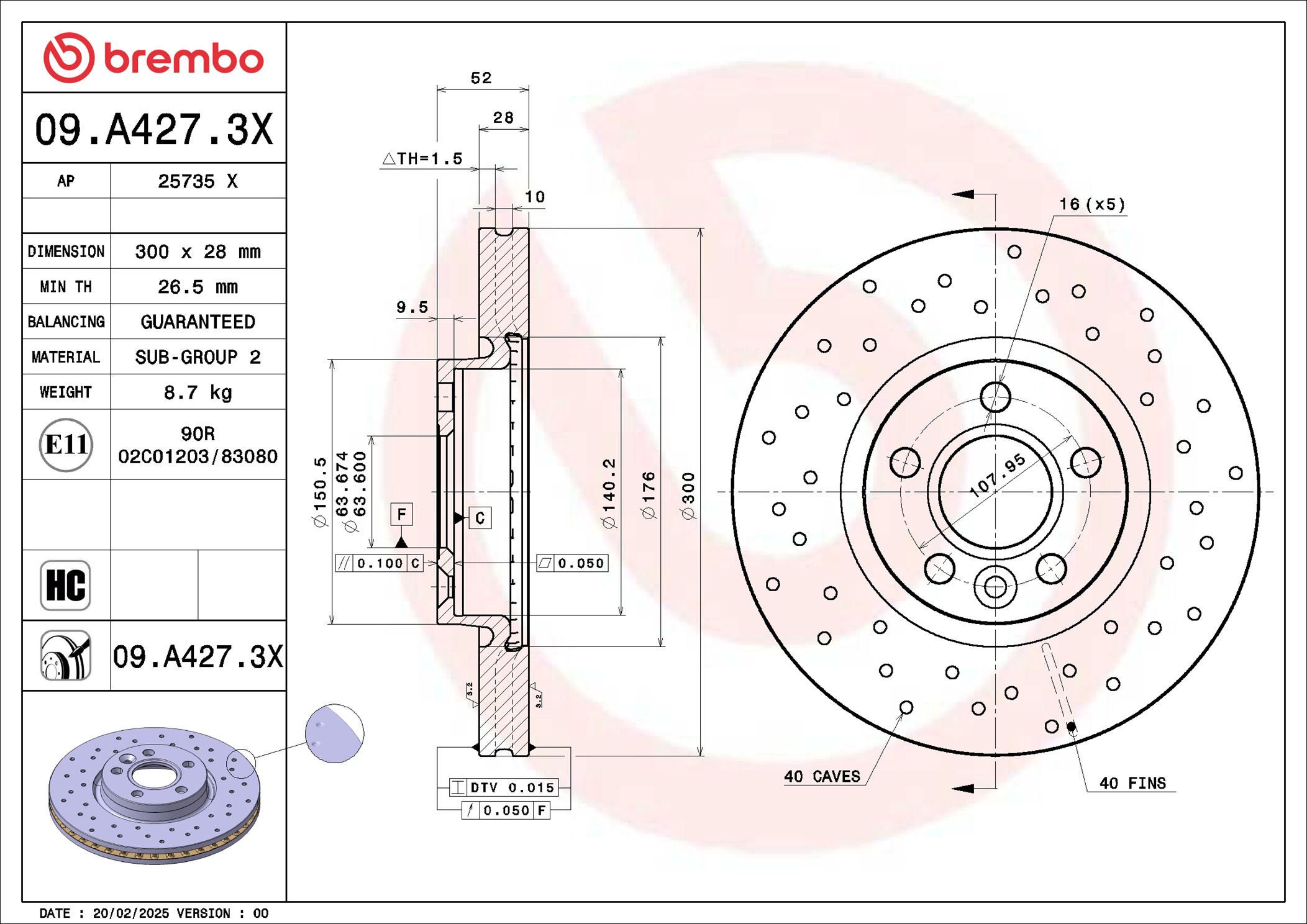 BREMBO Bremseskive 09.A427.3X 300mm 28mm for VOLVO ASIA VOLVO