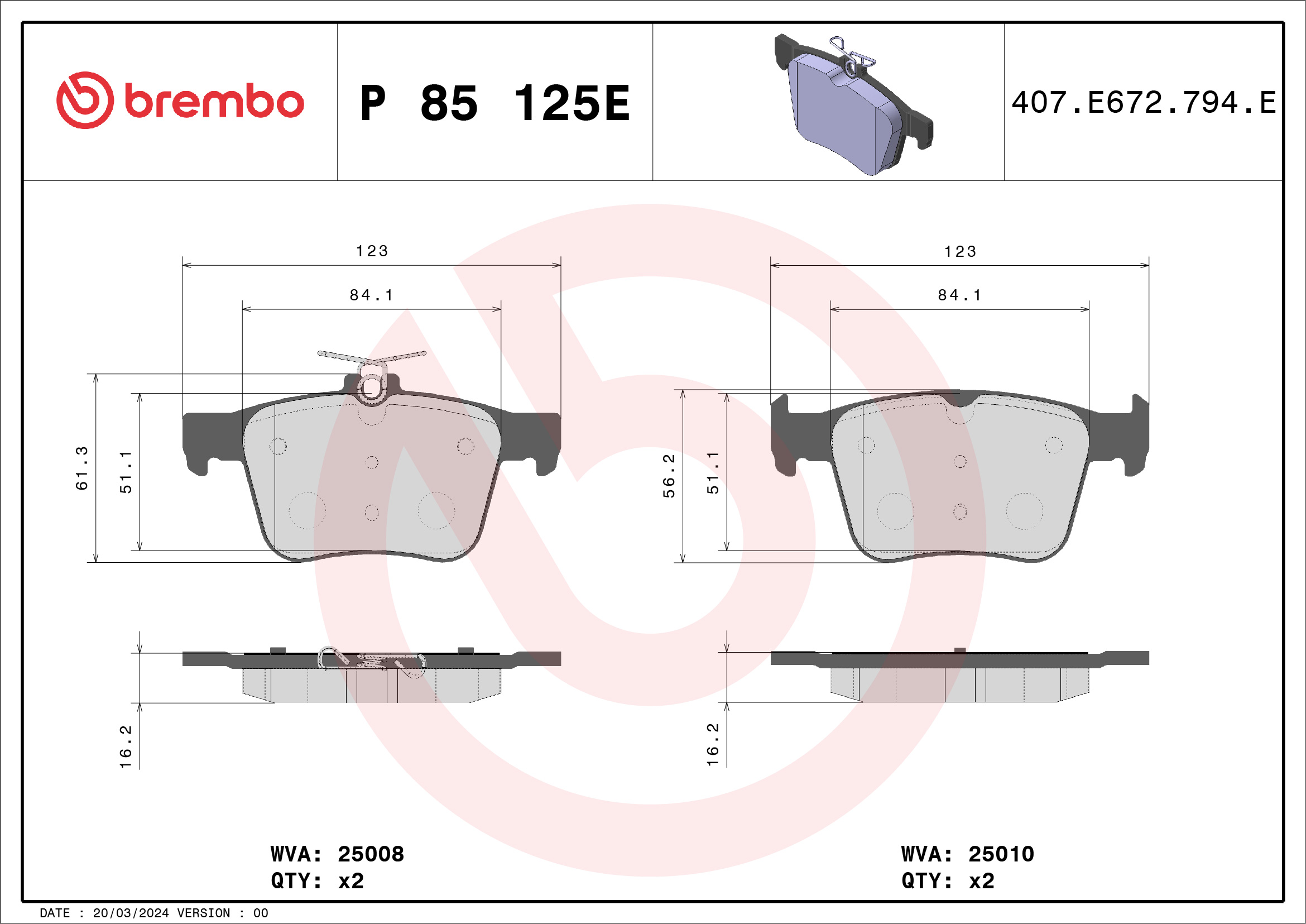 BREMBO Bremseklodser P 85 125E for AUDI VW AUDI (FAW) VW (SVW)